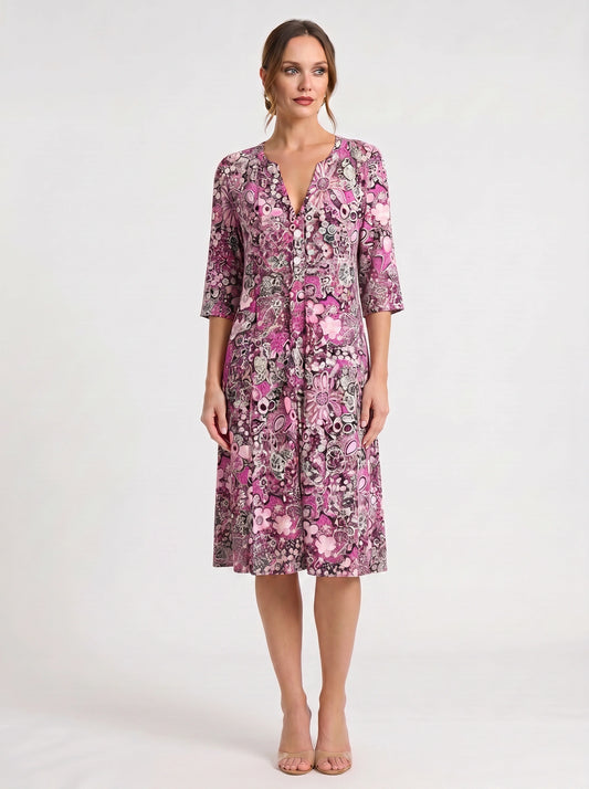 Paisiola V-Neck Midi Dress – Floral Midi Dress Women Summer Button Front Pink Paisley Three Quarter Sleeve Dress
