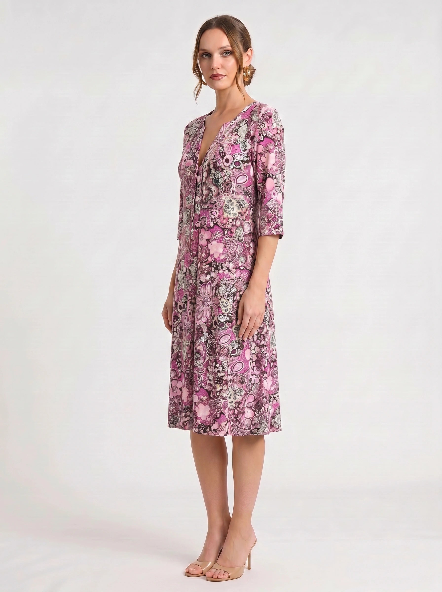 Paisiola V-Neck Midi Dress – Floral Midi Dress Women Summer Button Front Pink Paisley Three Quarter Sleeve Dress