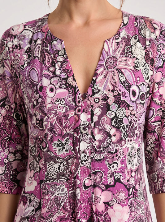 Paisiola V-Neck Midi Dress – Floral Midi Dress Women Summer Button Front Pink Paisley Three Quarter Sleeve Dress