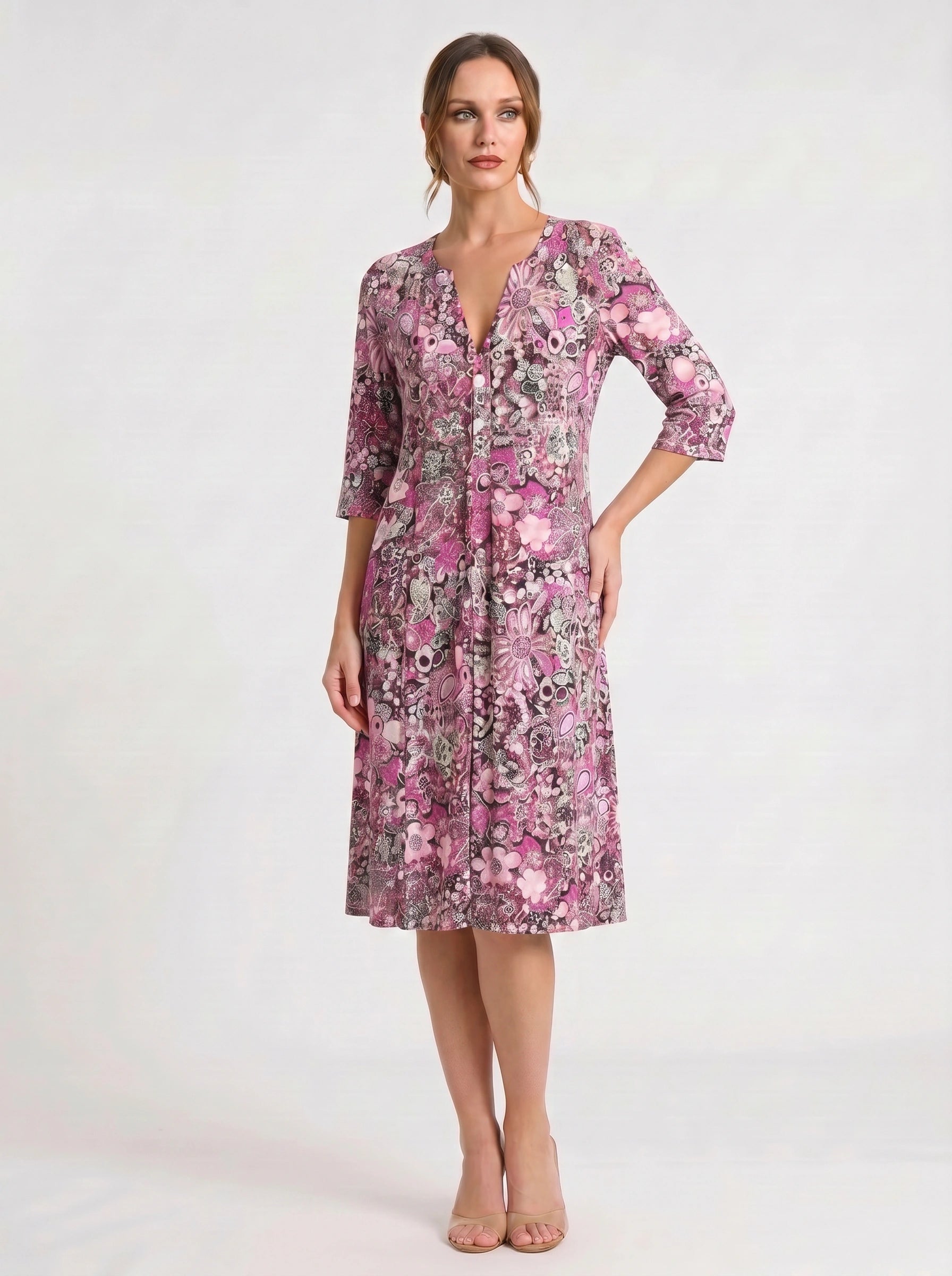 Paisiola V-Neck Midi Dress – Floral Midi Dress Women Summer Button Front Pink Paisley Three Quarter Sleeve Dress