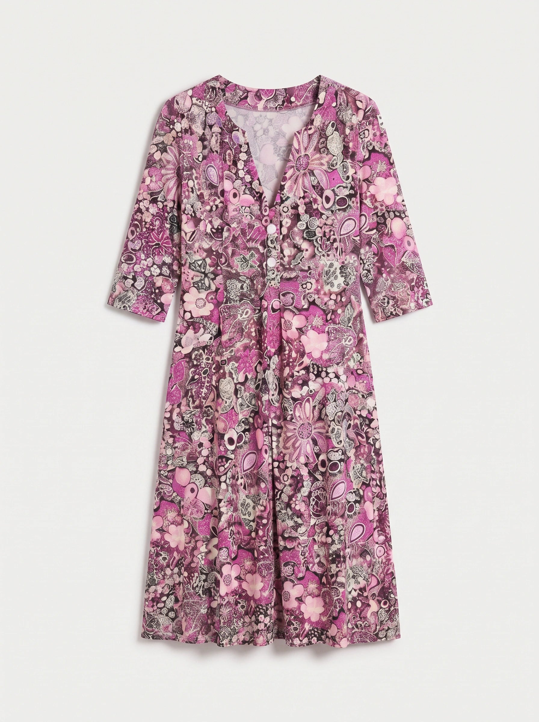 Paisiola V-Neck Midi Dress – Floral Midi Dress Women Summer Button Front Pink Paisley Three Quarter Sleeve Dress