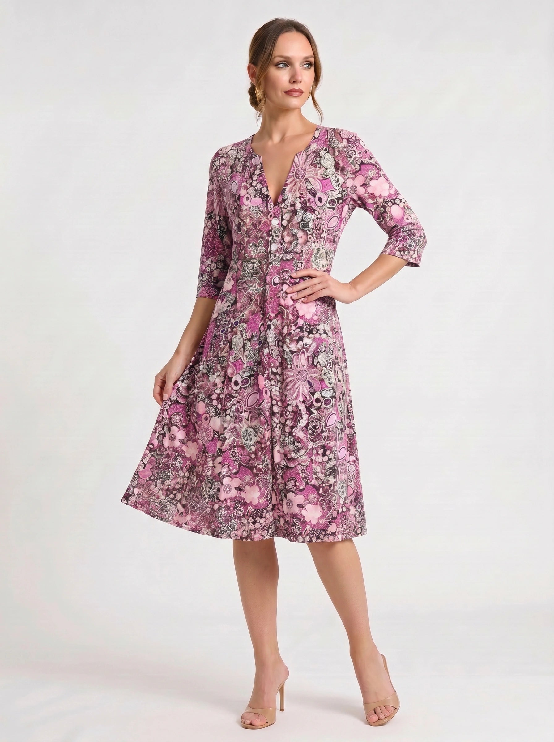 Paisiola V-Neck Midi Dress – Floral Midi Dress Women Summer Button Front Pink Paisley Three Quarter Sleeve Dress