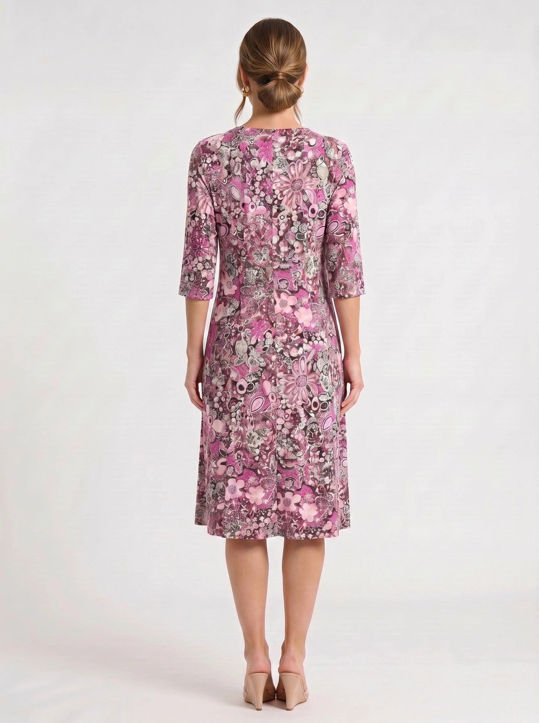 Paisiola V-Neck Midi Dress – Floral Midi Dress Women Summer Button Front Pink Paisley Three Quarter Sleeve Dress
