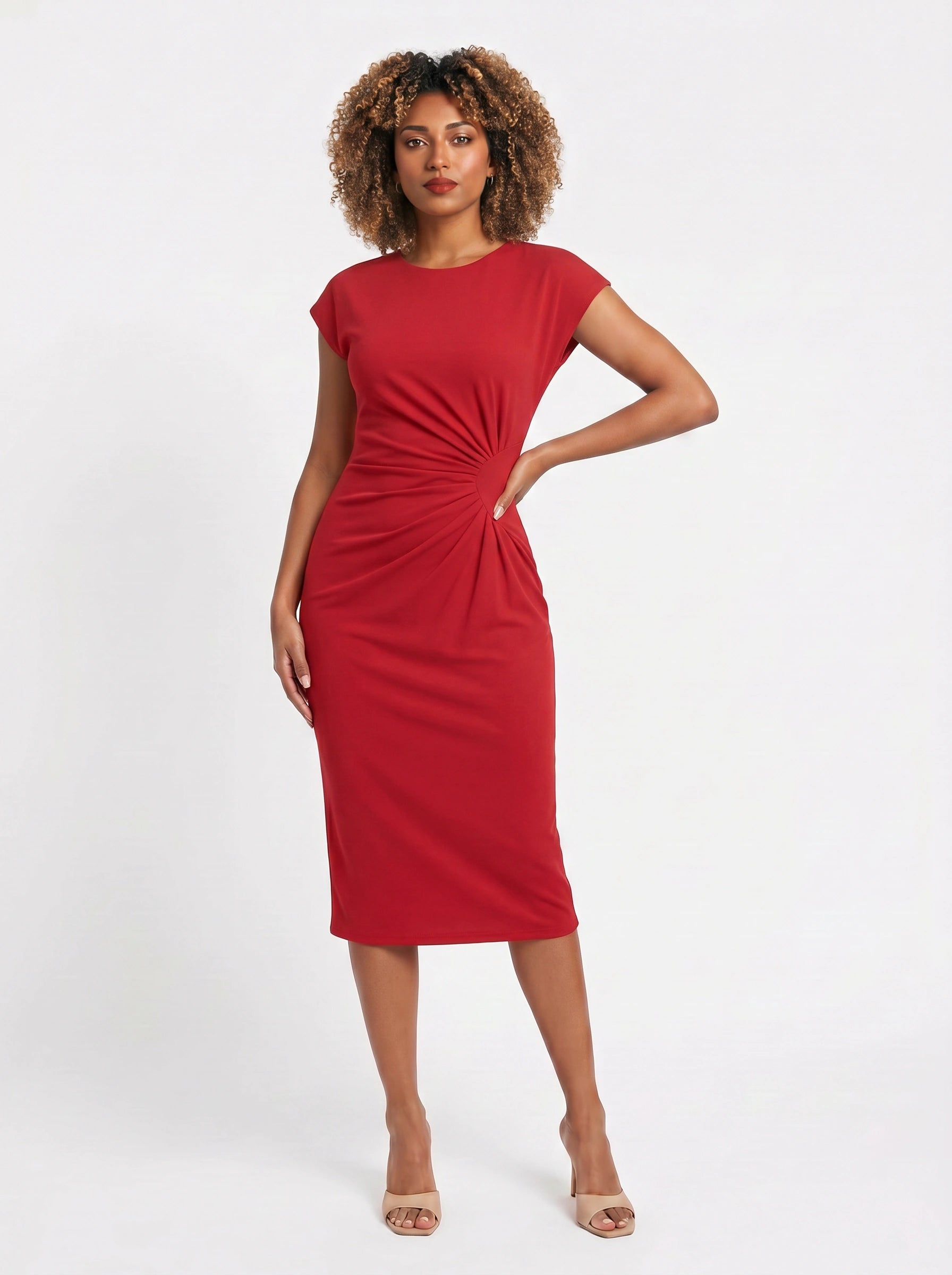 Torsada Side-Ruched Midi Dress – Red Bodycon Casual Business Women Summer Work Office Knee-Length Dress