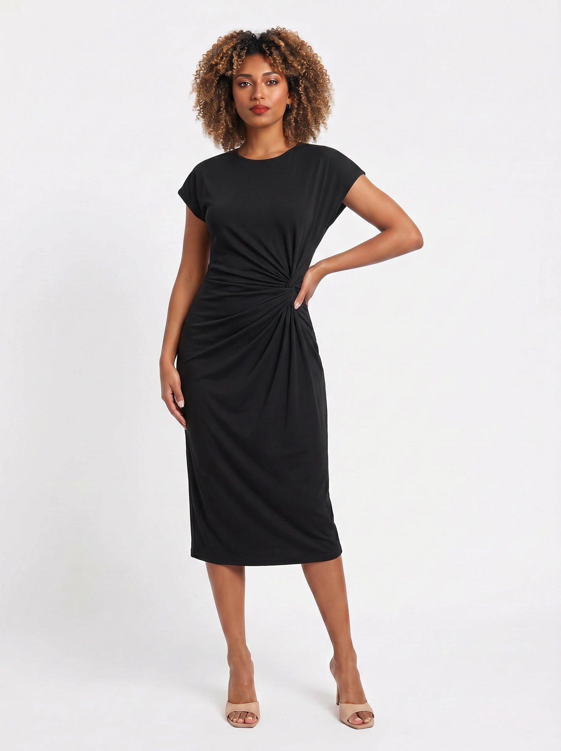 Torsada Side-Ruched Midi Dress – Red Bodycon Casual Business Women Summer Work Office Knee-Length Dress