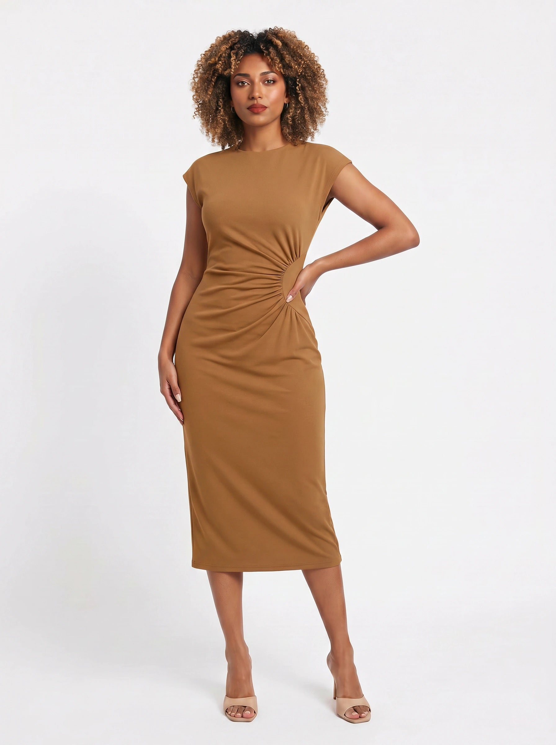 Torsada Side-Ruched Midi Dress – Red Bodycon Casual Business Women Summer Work Office Knee-Length Dress