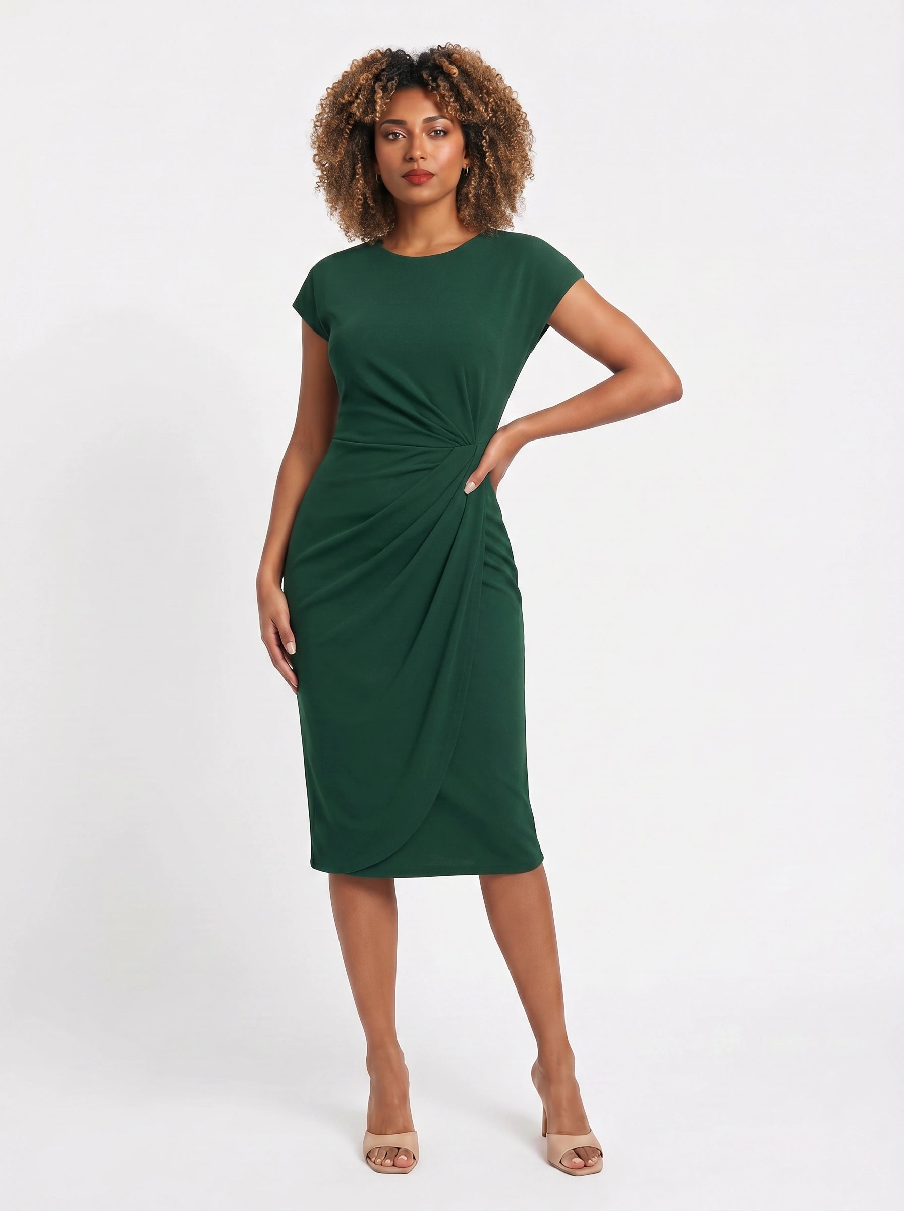 Torsada Side-Ruched Midi Dress – Red Bodycon Casual Business Women Summer Work Office Knee-Length Dress