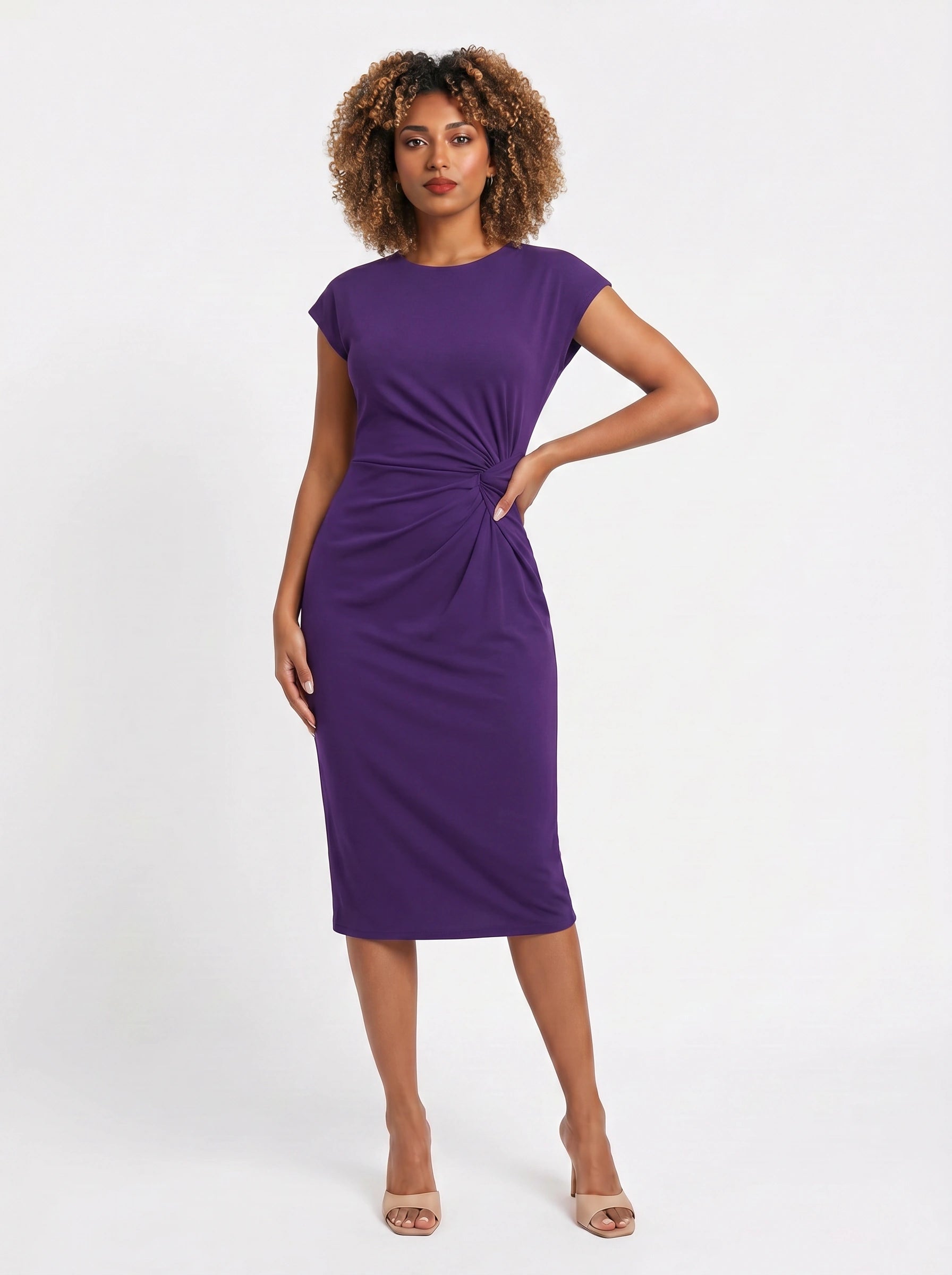 Torsada Side-Ruched Midi Dress – Red Bodycon Casual Business Women Summer Work Office Knee-Length Dress