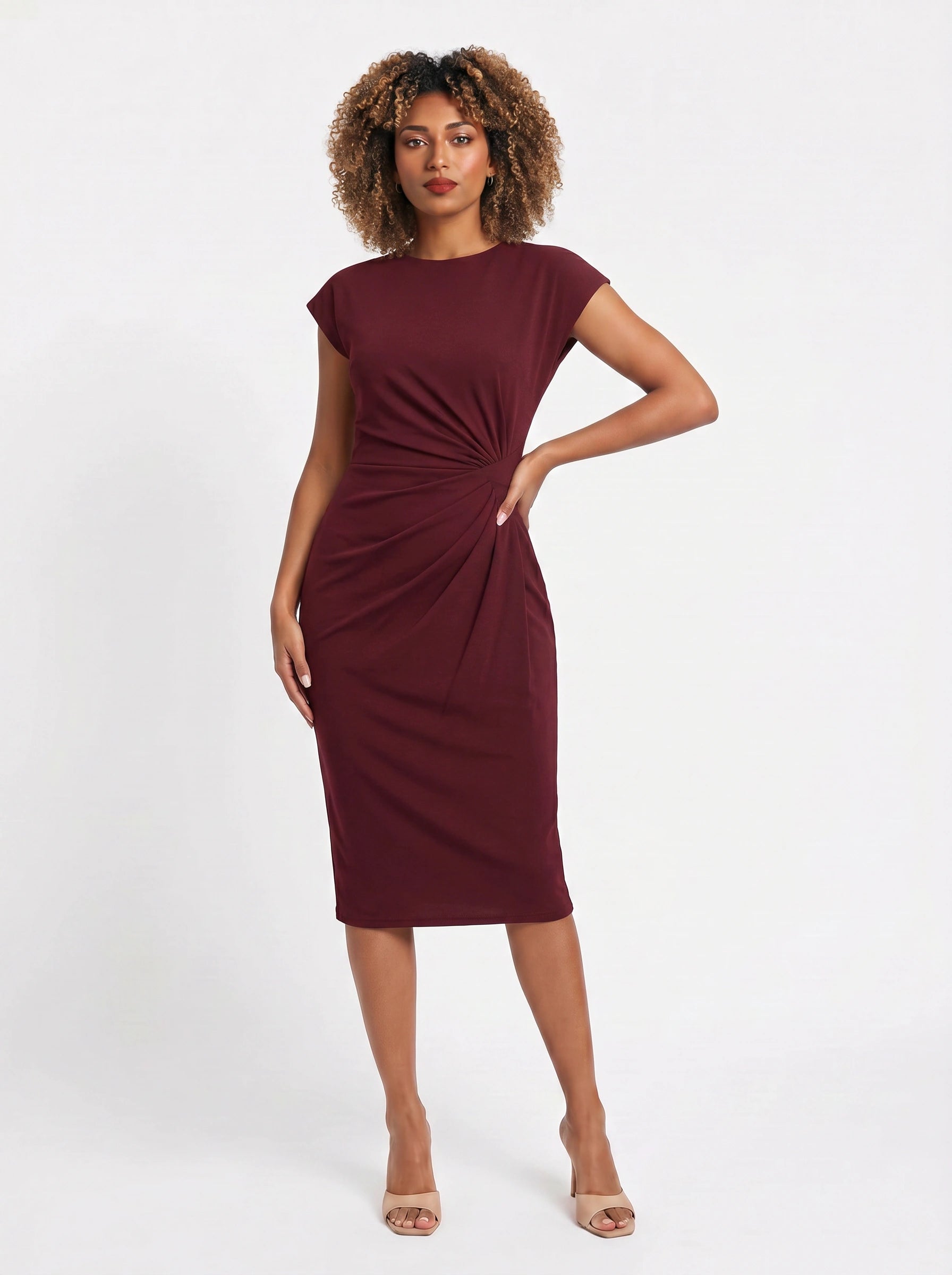 Torsada Side-Ruched Midi Dress – Red Bodycon Casual Business Women Summer Work Office Knee-Length Dress