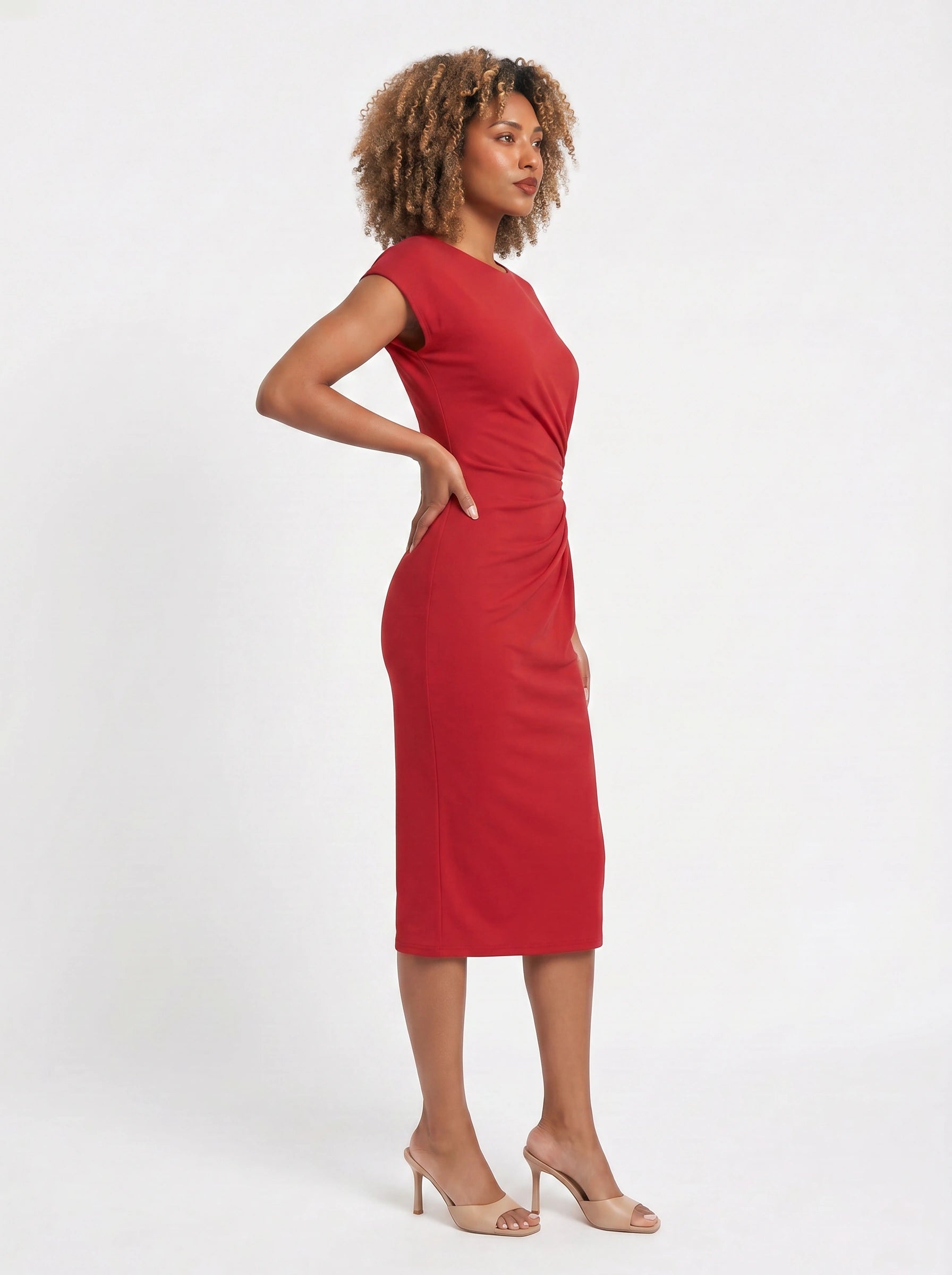 Torsada Side-Ruched Midi Dress – Red Bodycon Casual Business Women Summer Work Office Knee-Length Dress