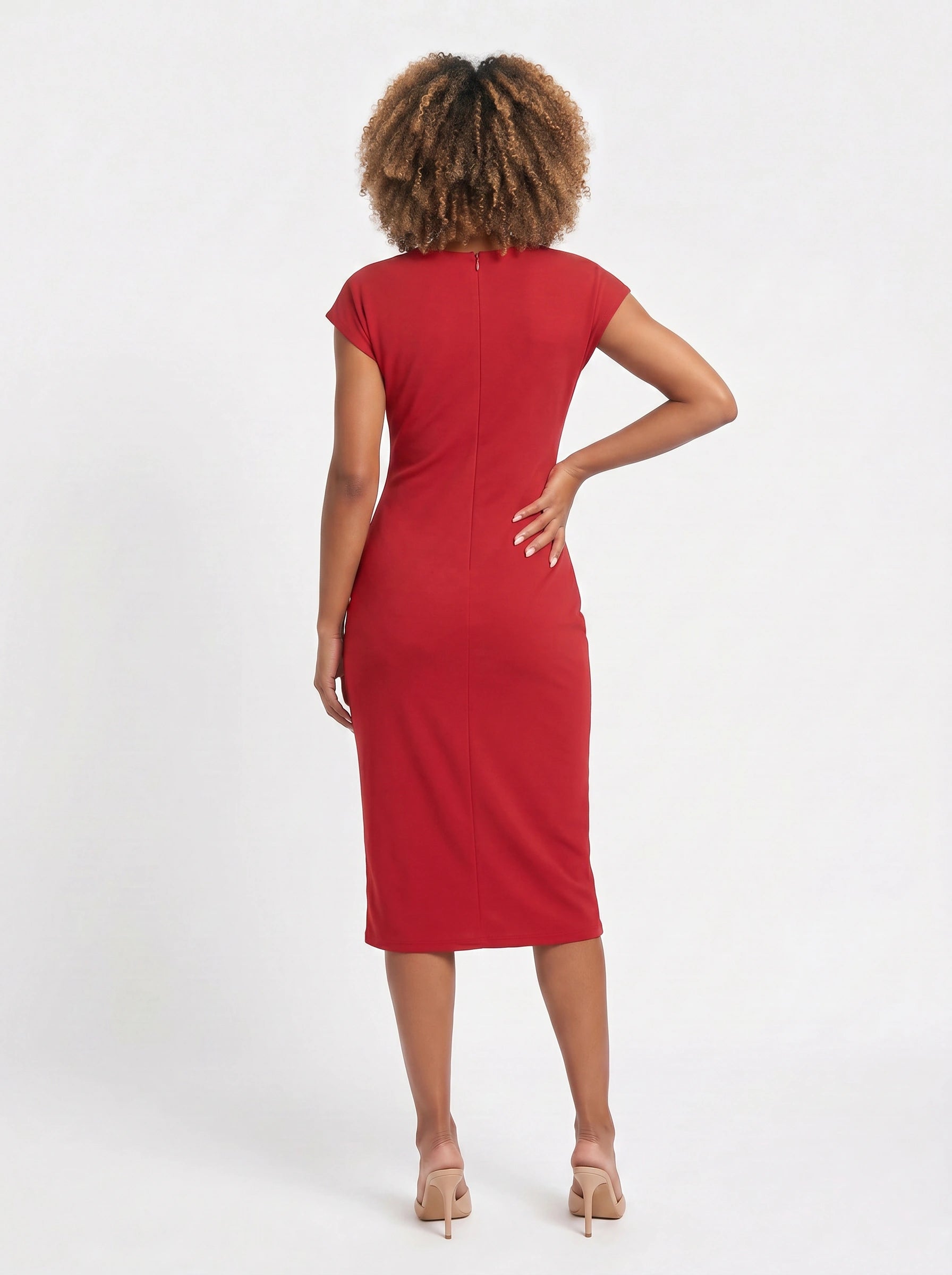 Torsada Side-Ruched Midi Dress – Red Bodycon Casual Business Women Summer Work Office Knee-Length Dress