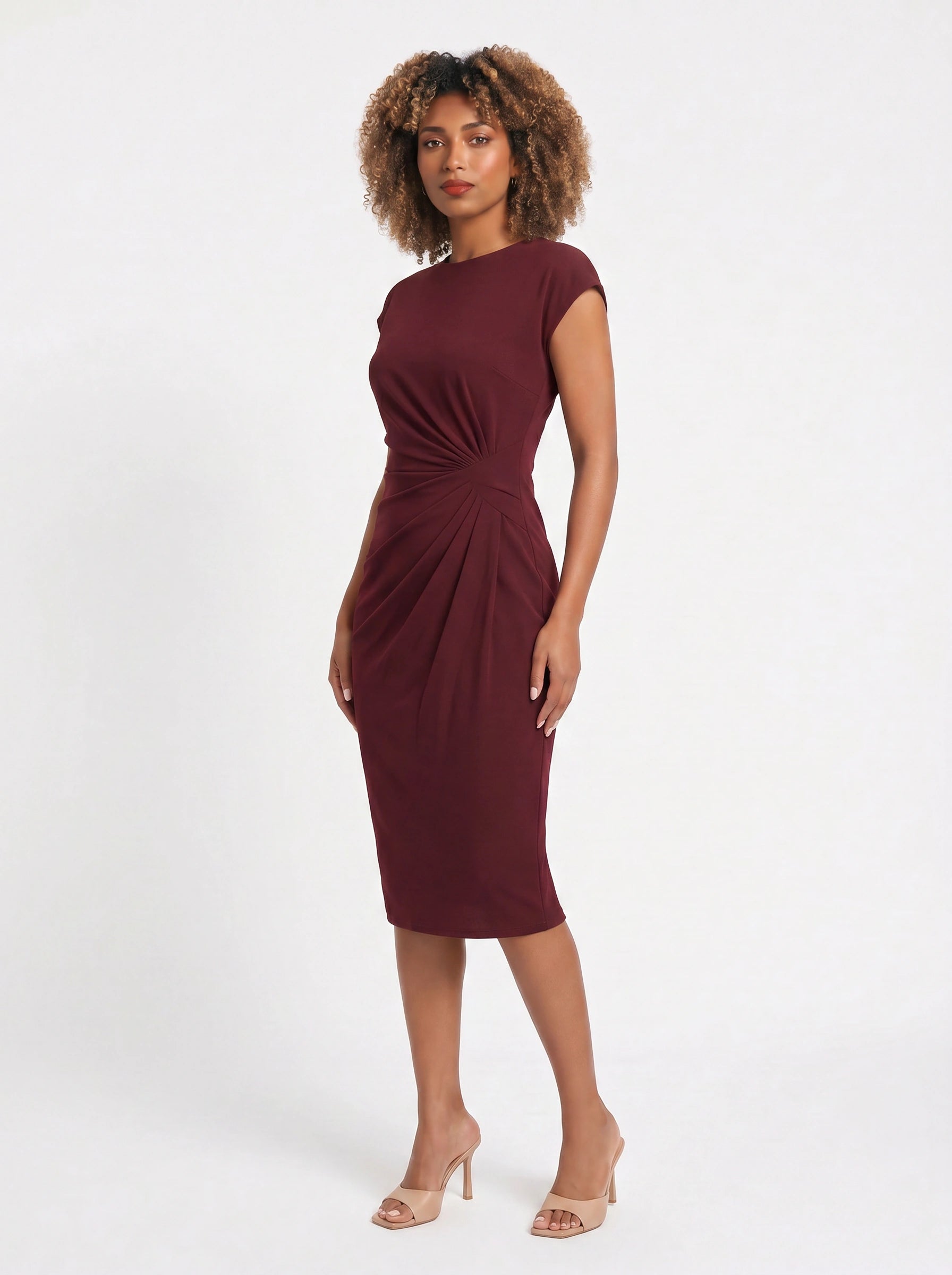 Torsada Side-Ruched Midi Dress – Red Bodycon Casual Business Women Summer Work Office Knee-Length Dress