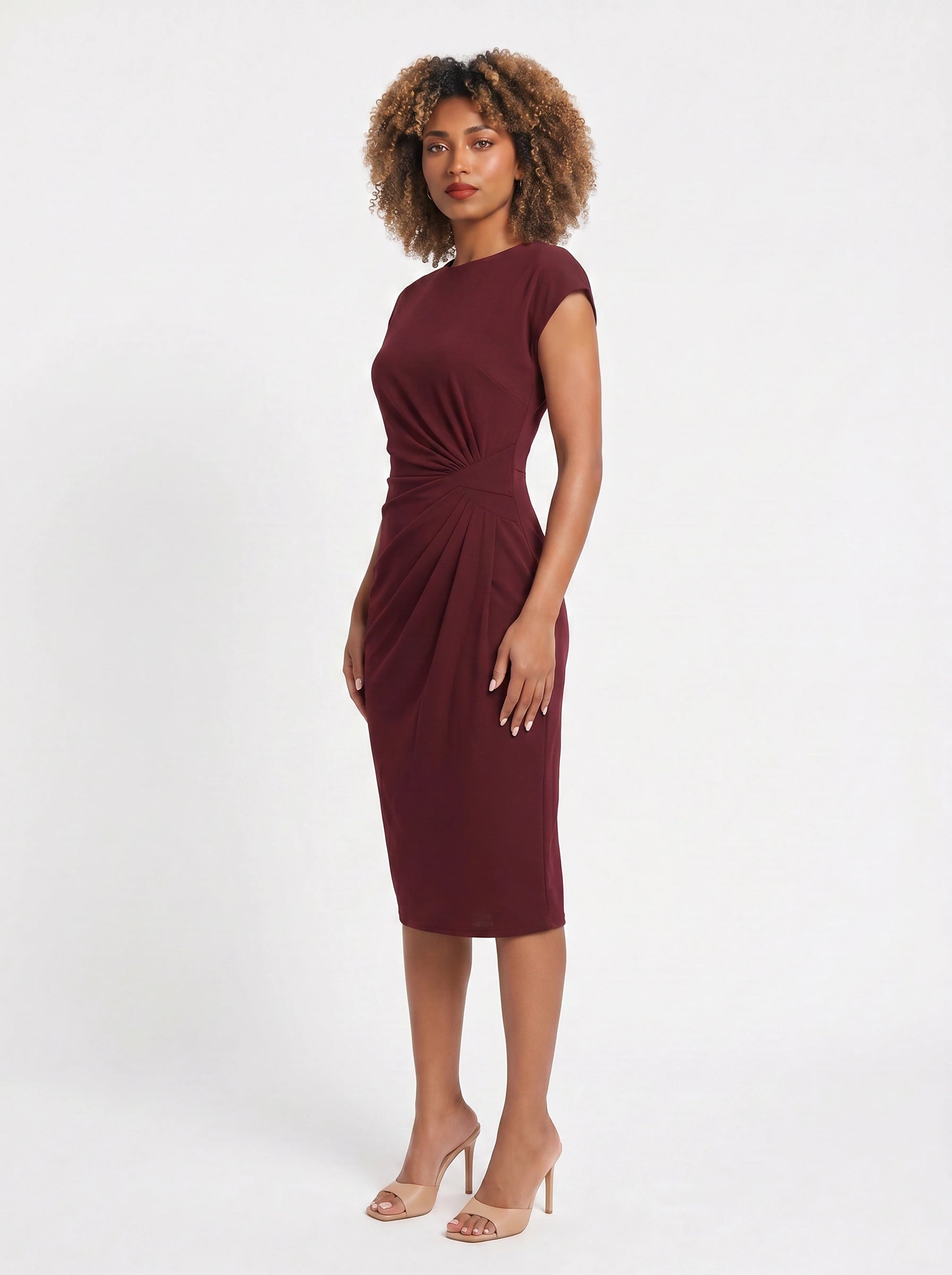 Torsada Side-Ruched Midi Dress – Red Bodycon Casual Business Women Summer Work Office Knee-Length Dress