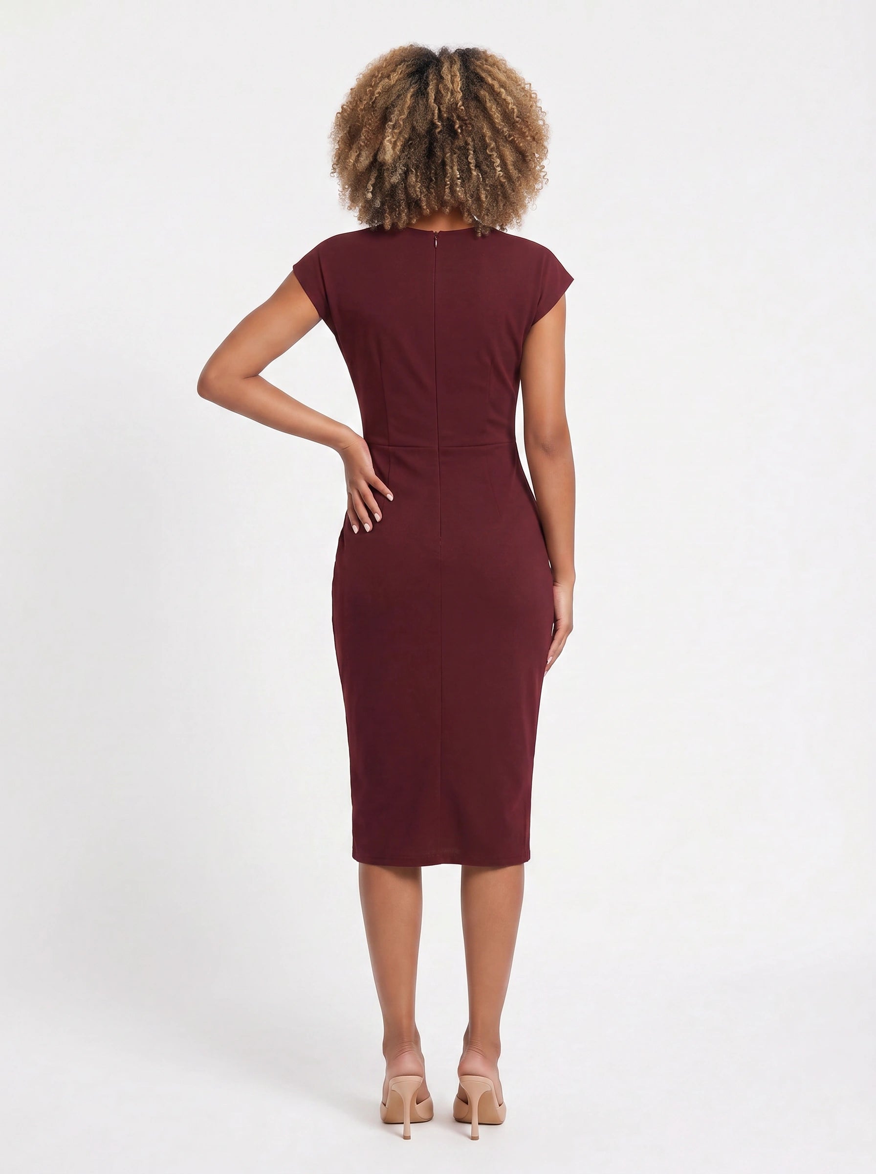 Torsada Side-Ruched Midi Dress – Red Bodycon Casual Business Women Summer Work Office Knee-Length Dress