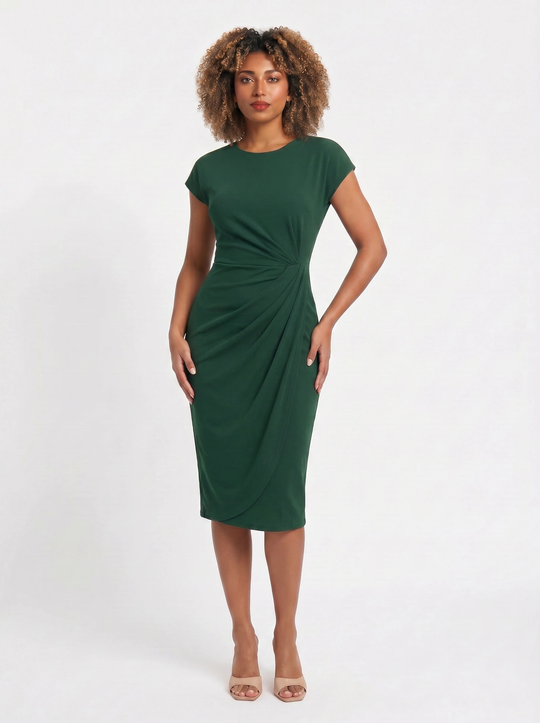 Torsada Side-Ruched Midi Dress – Red Bodycon Casual Business Women Summer Work Office Knee-Length Dress