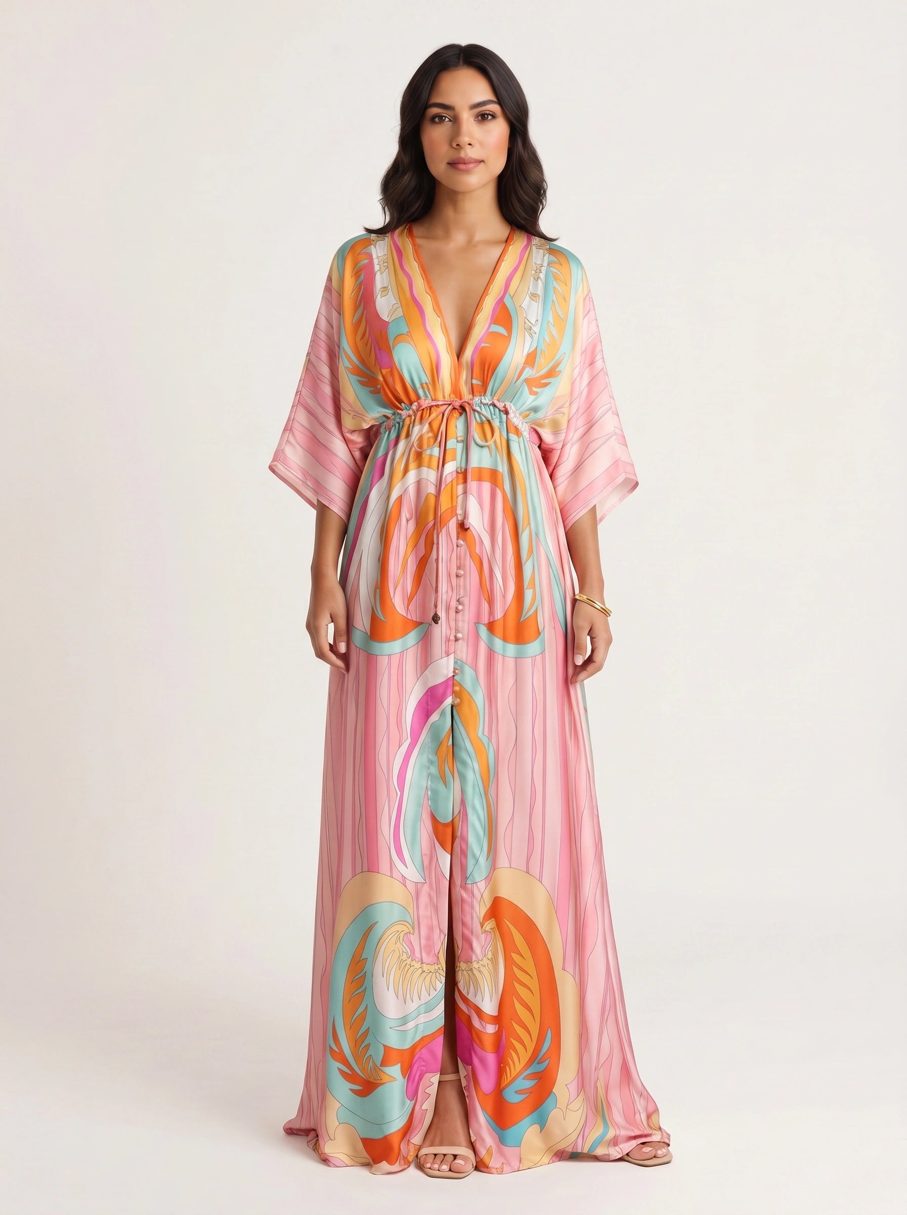 Ondara Kimono Plunge Maxi Dress – Summer Maxi Dress Women Boho Beach Vacation Green Retro Print Kaftan Dress