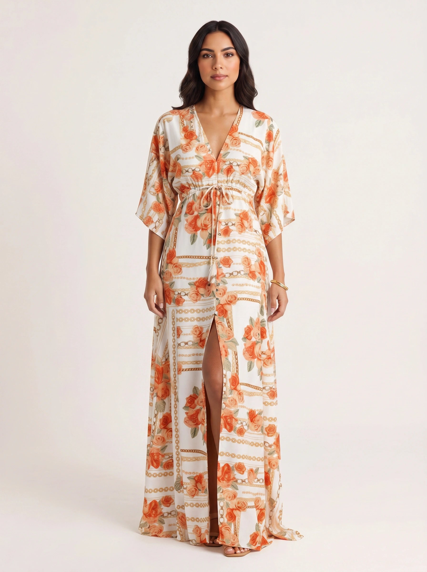 Ondara Kimono Plunge Maxi Dress – Summer Maxi Dress Women Boho Beach Vacation Green Retro Print Kaftan Dress