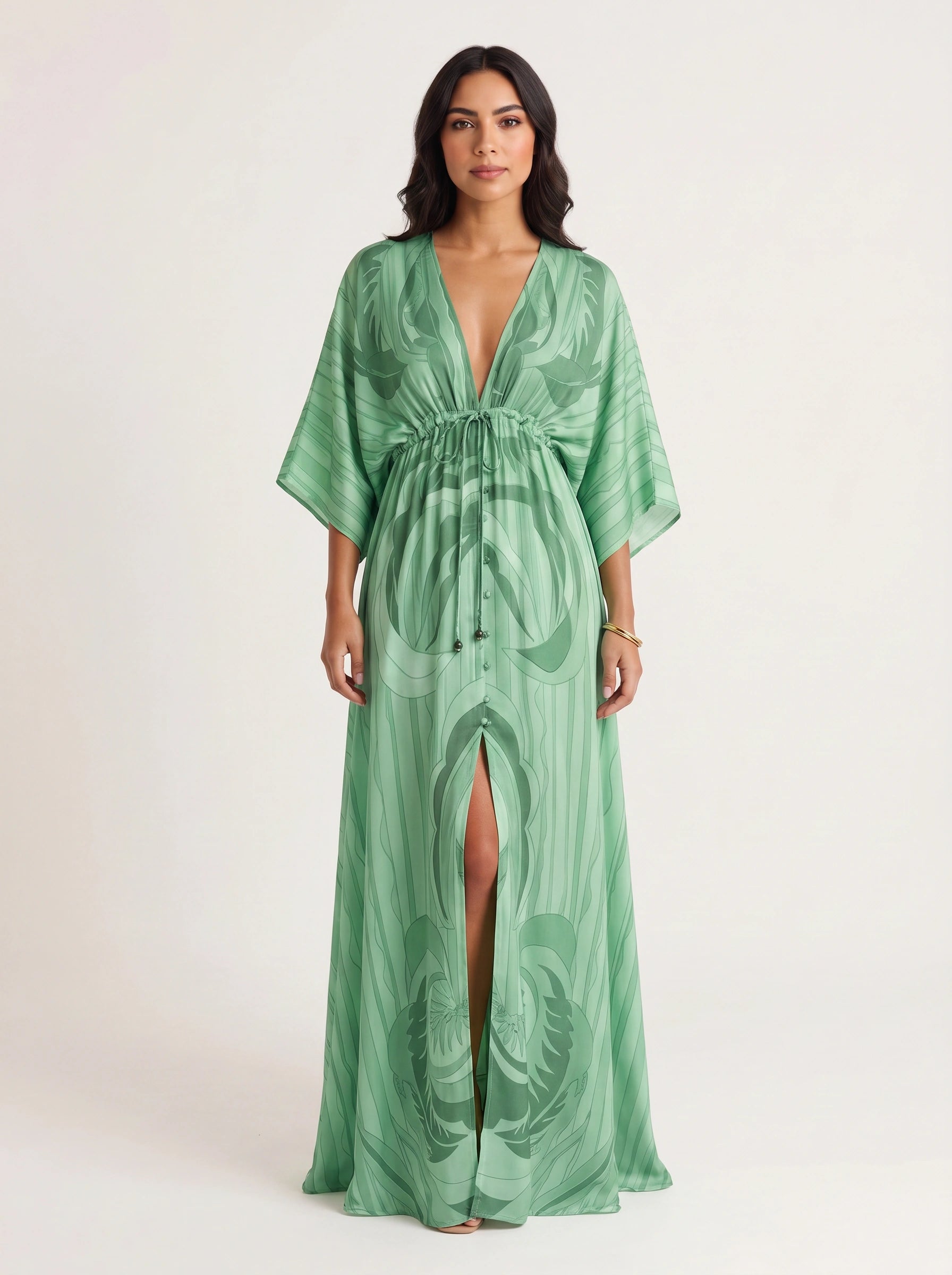 Ondara Kimono Plunge Maxi Dress – Summer Maxi Dress Women Boho Beach Vacation Green Retro Print Kaftan Dress