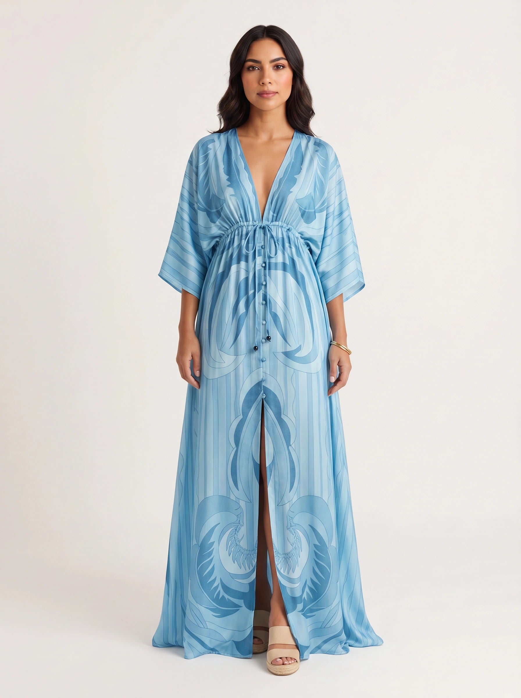 Ondara Kimono Plunge Maxi Dress – Summer Maxi Dress Women Boho Beach Vacation Green Retro Print Kaftan Dress