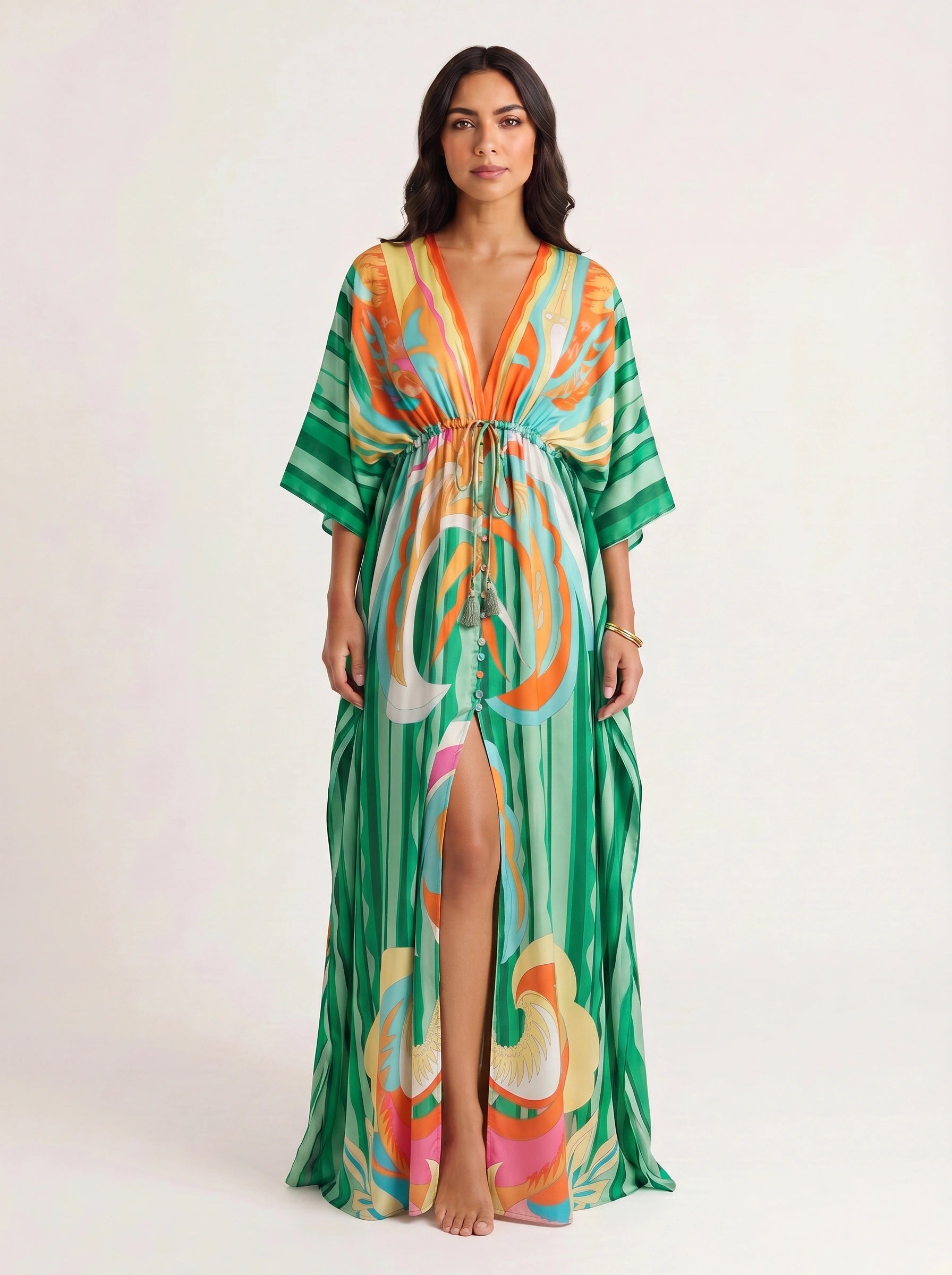 Ondara Kimono Plunge Maxi Dress – Summer Maxi Dress Women Boho Beach Vacation Green Retro Print Kaftan Dress