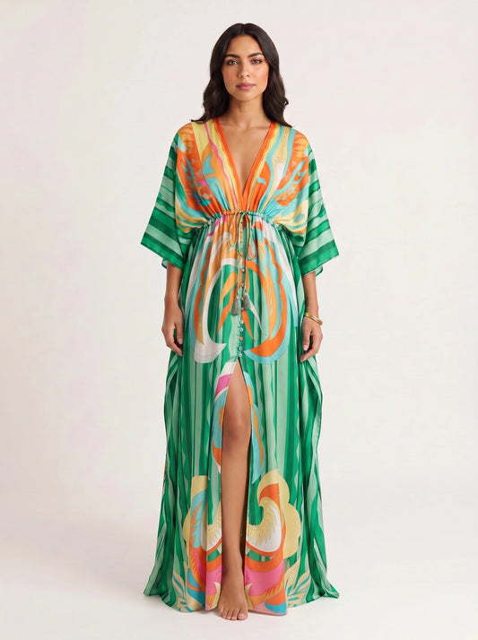 Ondara Kimono Plunge Maxi Dress – Summer Maxi Dress Women Boho Beach Vacation Green Retro Print Kaftan Dress