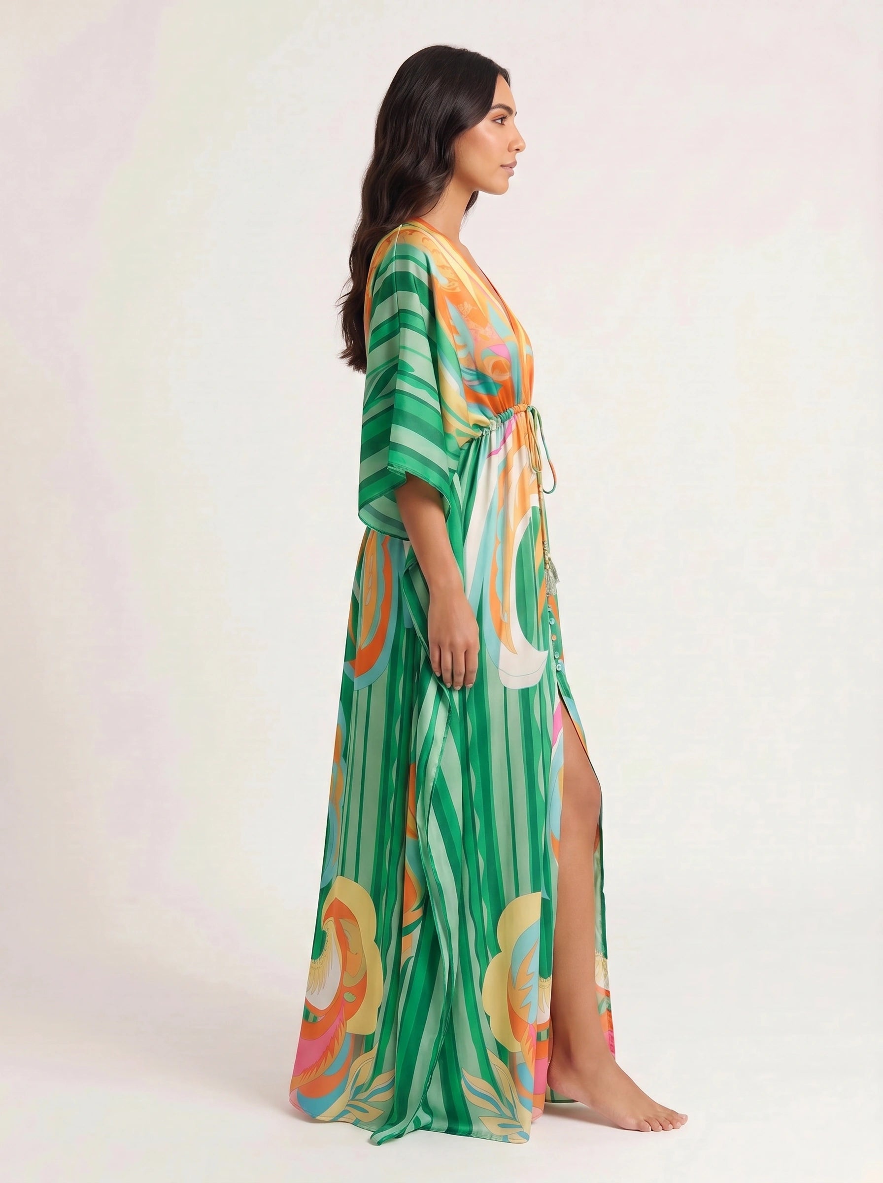 Ondara Kimono Plunge Maxi Dress – Summer Maxi Dress Women Boho Beach Vacation Green Retro Print Kaftan Dress