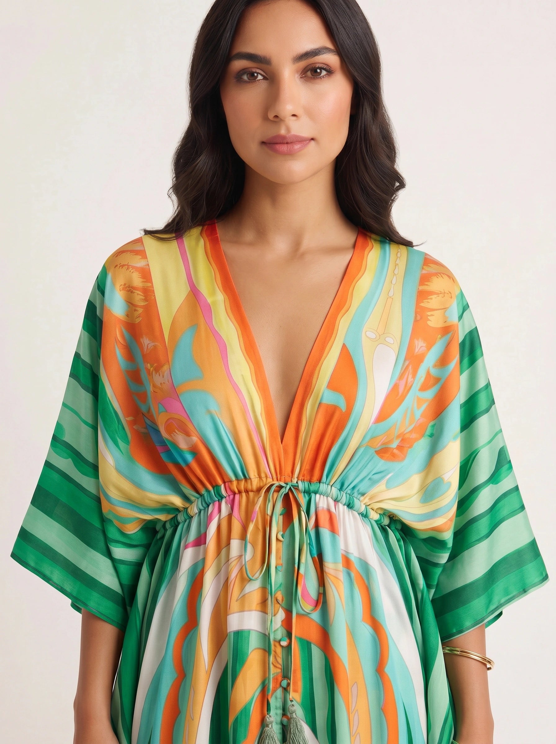Ondara Kimono Plunge Maxi Dress – Summer Maxi Dress Women Boho Beach Vacation Green Retro Print Kaftan Dress