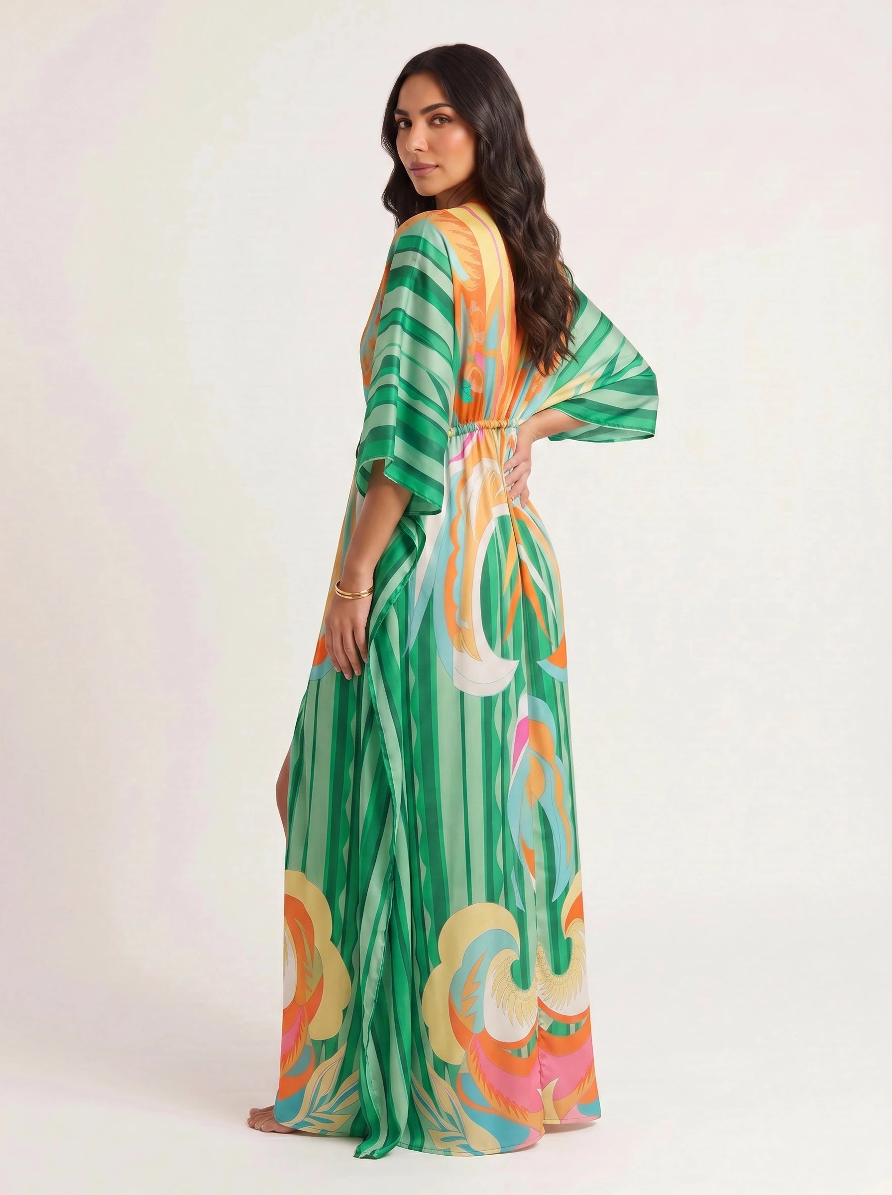 Ondara Kimono Plunge Maxi Dress – Summer Maxi Dress Women Boho Beach Vacation Green Retro Print Kaftan Dress