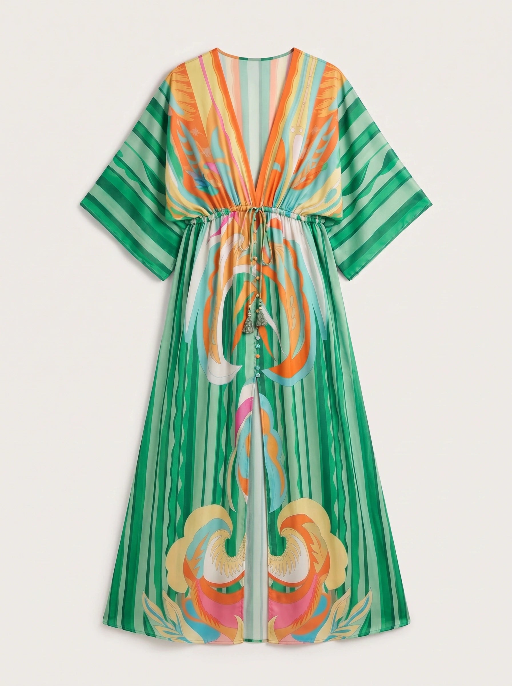 Ondara Kimono Plunge Maxi Dress – Summer Maxi Dress Women Boho Beach Vacation Green Retro Print Kaftan Dress