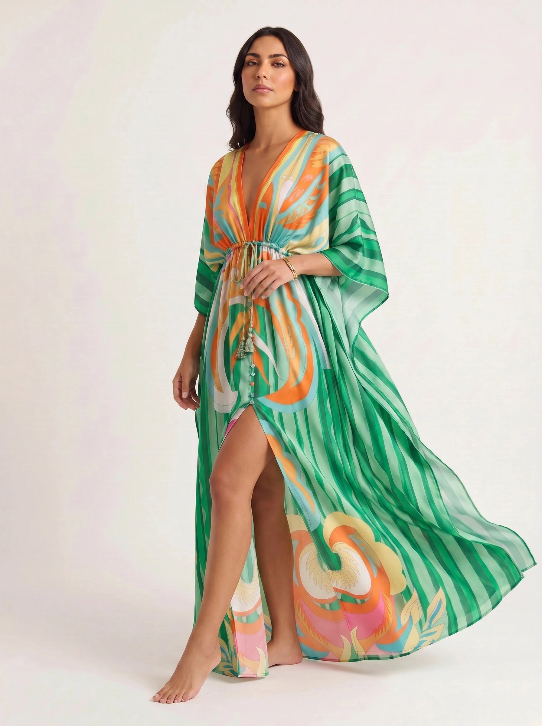 Ondara Kimono Plunge Maxi Dress – Summer Maxi Dress Women Boho Beach Vacation Green Retro Print Kaftan Dress