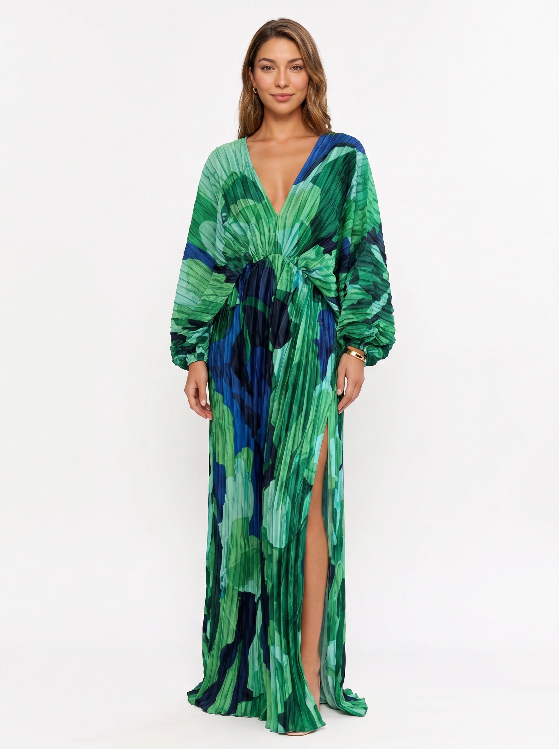 Viridesca Pleated Plunge Maxi Dress – Pleated Plunge Neck Maxi Dress Women Formal Evening Wedding Guest Resort Vacation