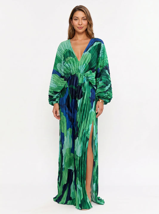 Viridesca Pleated Plunge Maxi Dress – Pleated Plunge Neck Maxi Dress Women Formal Evening Wedding Guest Resort Vacation