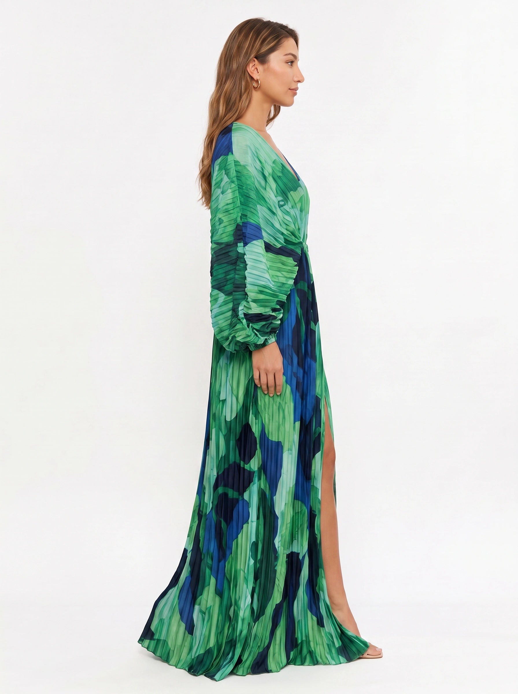 Viridesca Pleated Plunge Maxi Dress – Pleated Plunge Neck Maxi Dress Women Formal Evening Wedding Guest Resort Vacation