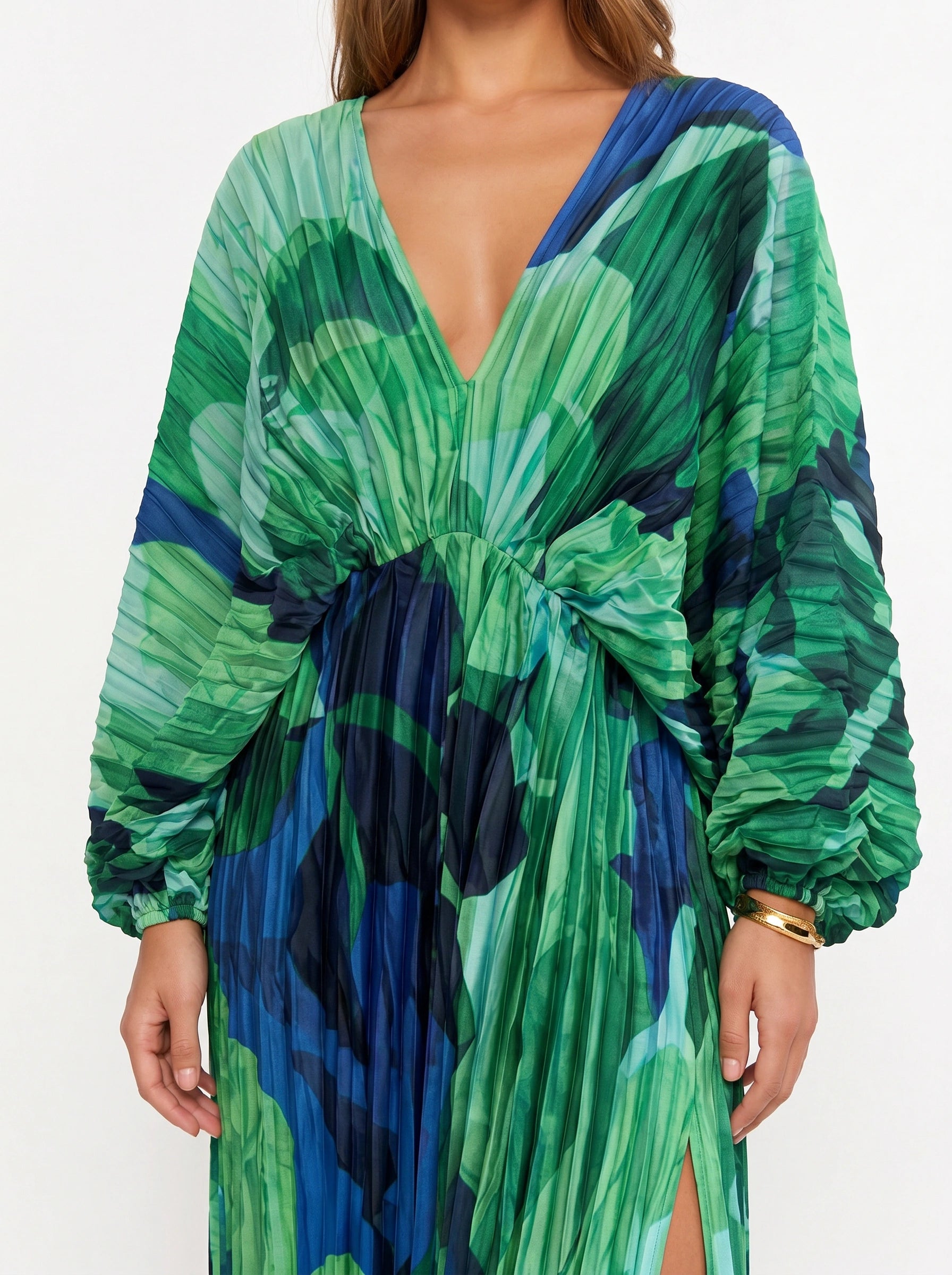 Viridesca Pleated Plunge Maxi Dress – Pleated Plunge Neck Maxi Dress Women Formal Evening Wedding Guest Resort Vacation