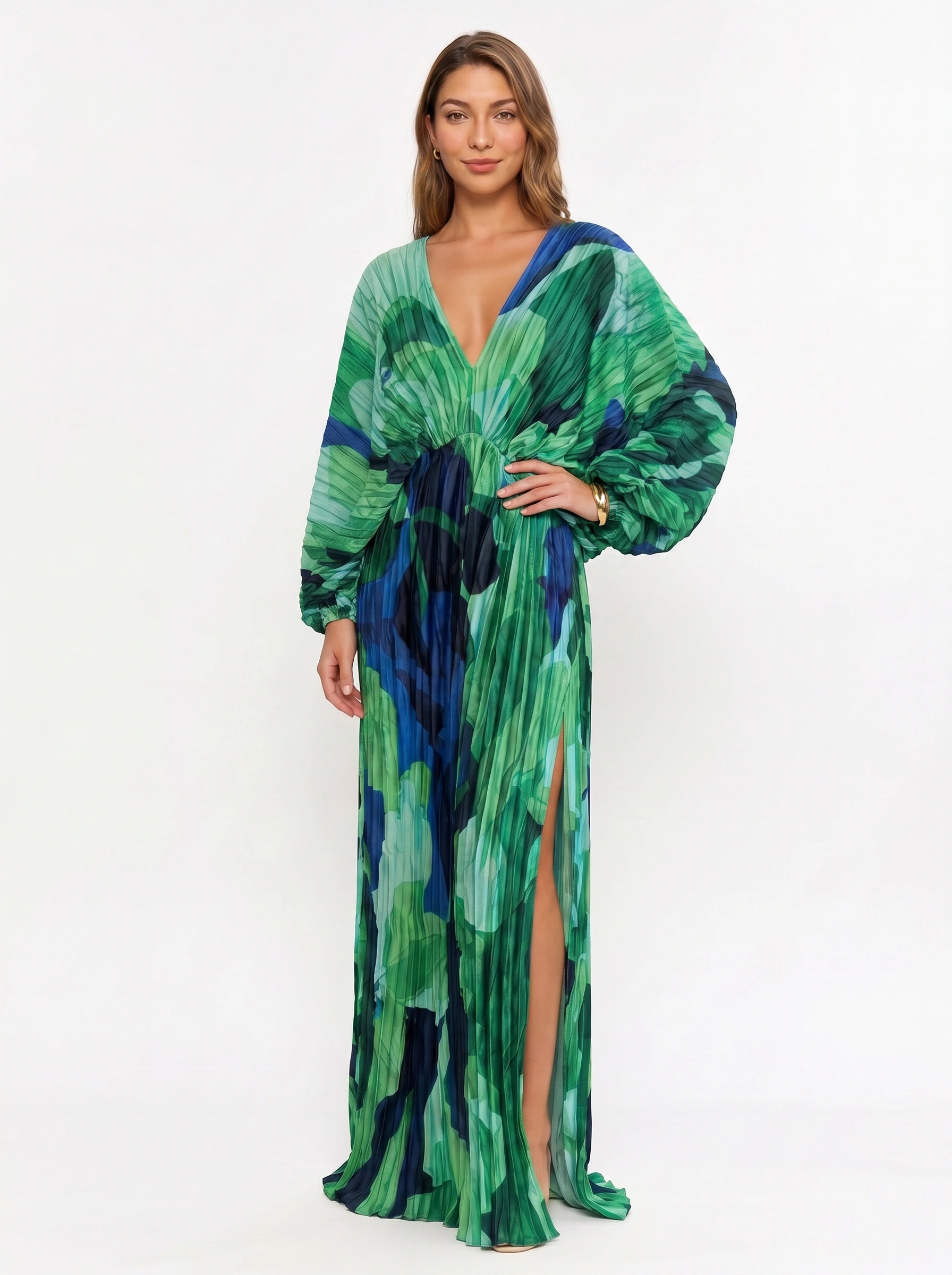 Viridesca Pleated Plunge Maxi Dress – Pleated Plunge Neck Maxi Dress Women Formal Evening Wedding Guest Resort Vacation