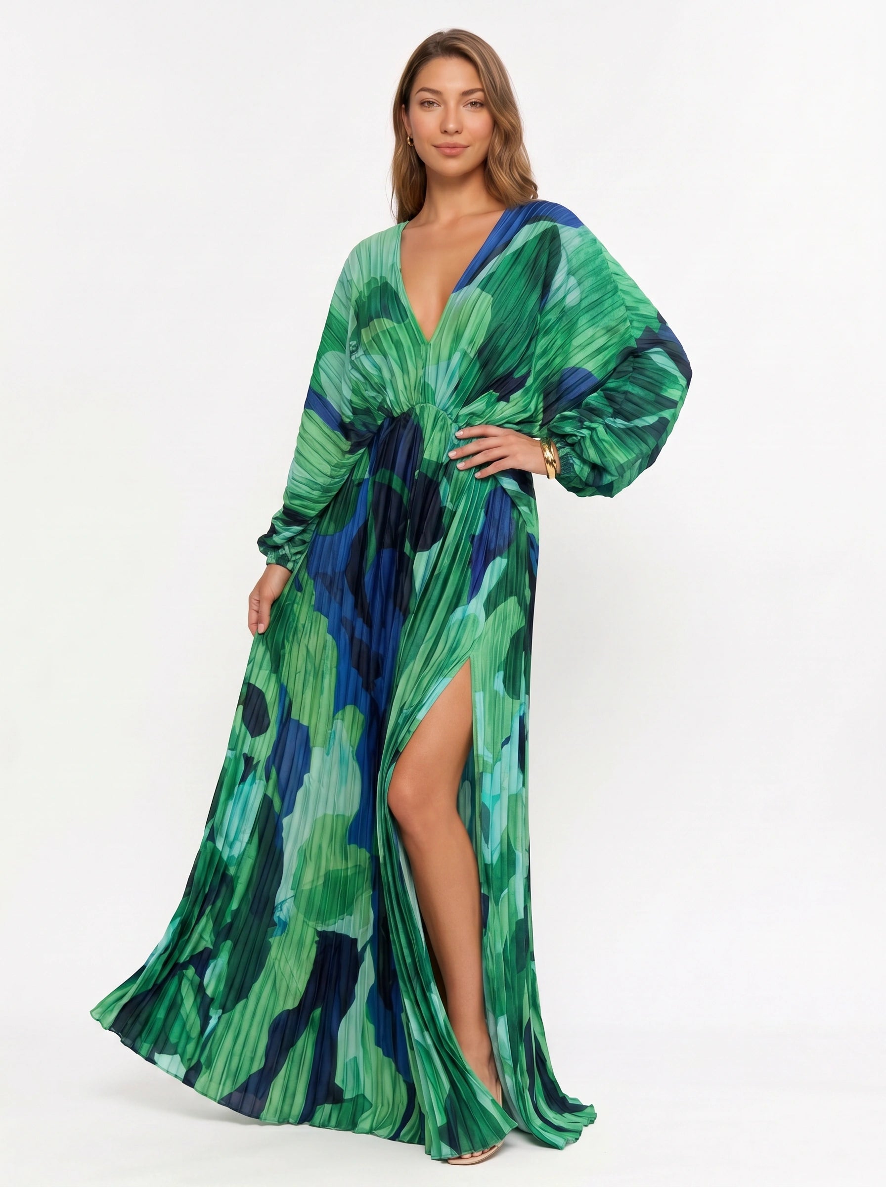 Viridesca Pleated Plunge Maxi Dress – Pleated Plunge Neck Maxi Dress Women Formal Evening Wedding Guest Resort Vacation