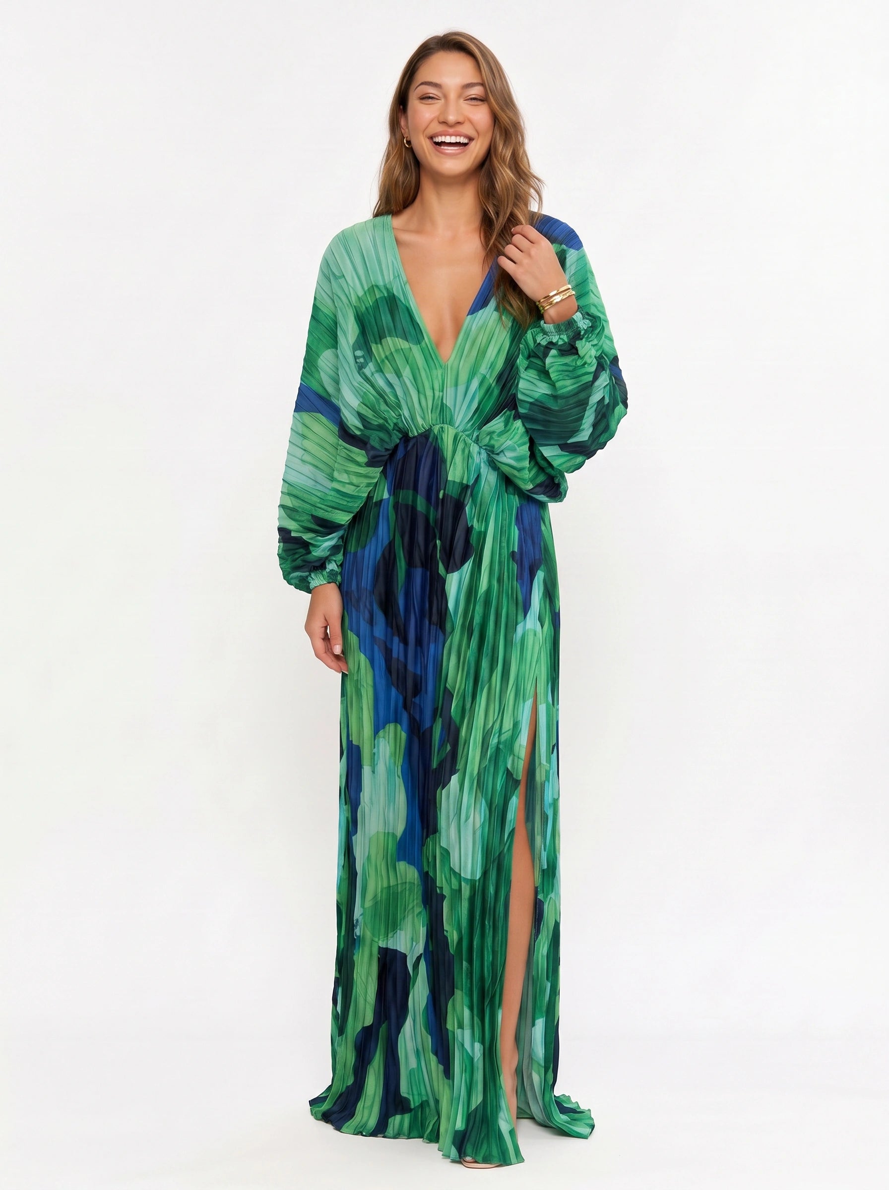 Viridesca Pleated Plunge Maxi Dress – Pleated Plunge Neck Maxi Dress Women Formal Evening Wedding Guest Resort Vacation