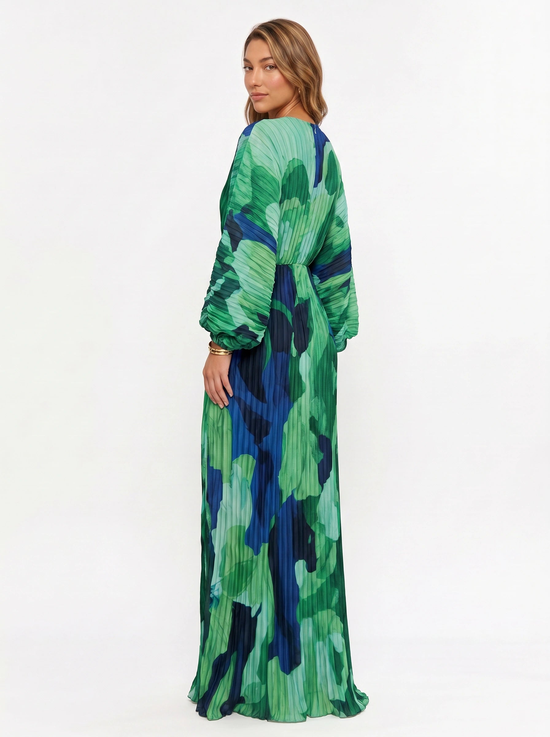 Viridesca Pleated Plunge Maxi Dress – Pleated Plunge Neck Maxi Dress Women Formal Evening Wedding Guest Resort Vacation