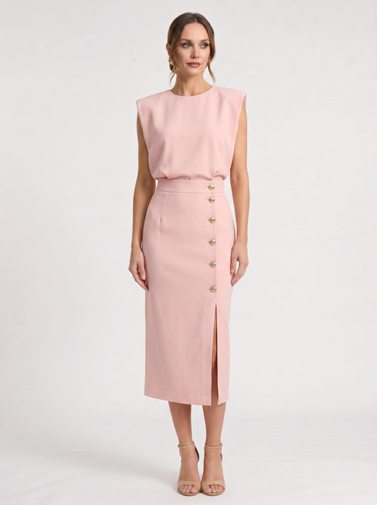 Blusene Shoulder Pad Midi Dress – Formal Dresses Women Wedding Guest Office Elegant Business Midi Dress