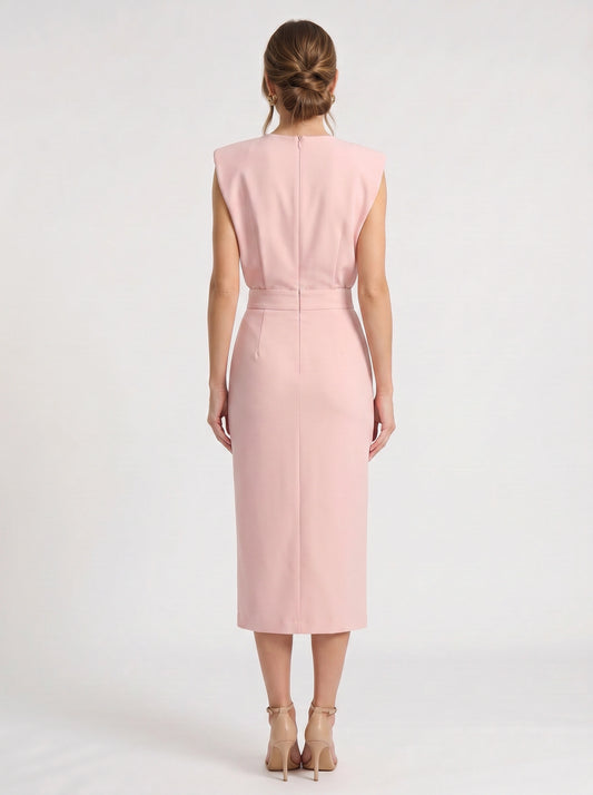Blusene Shoulder Pad Midi Dress – Formal Dresses Women Wedding Guest Office Elegant Business Midi Dress