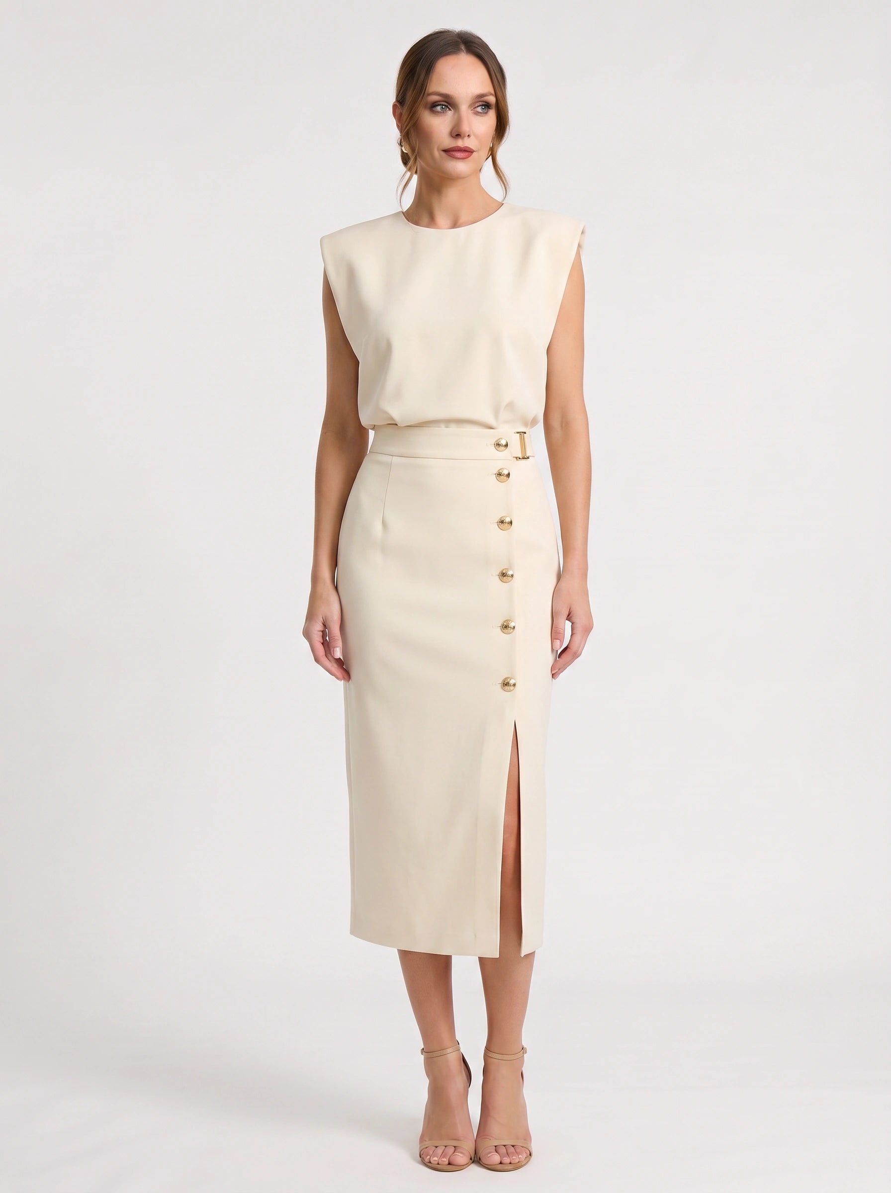 Blusene Shoulder Pad Midi Dress – Formal Dresses Women Wedding Guest Office Elegant Business Midi Dress