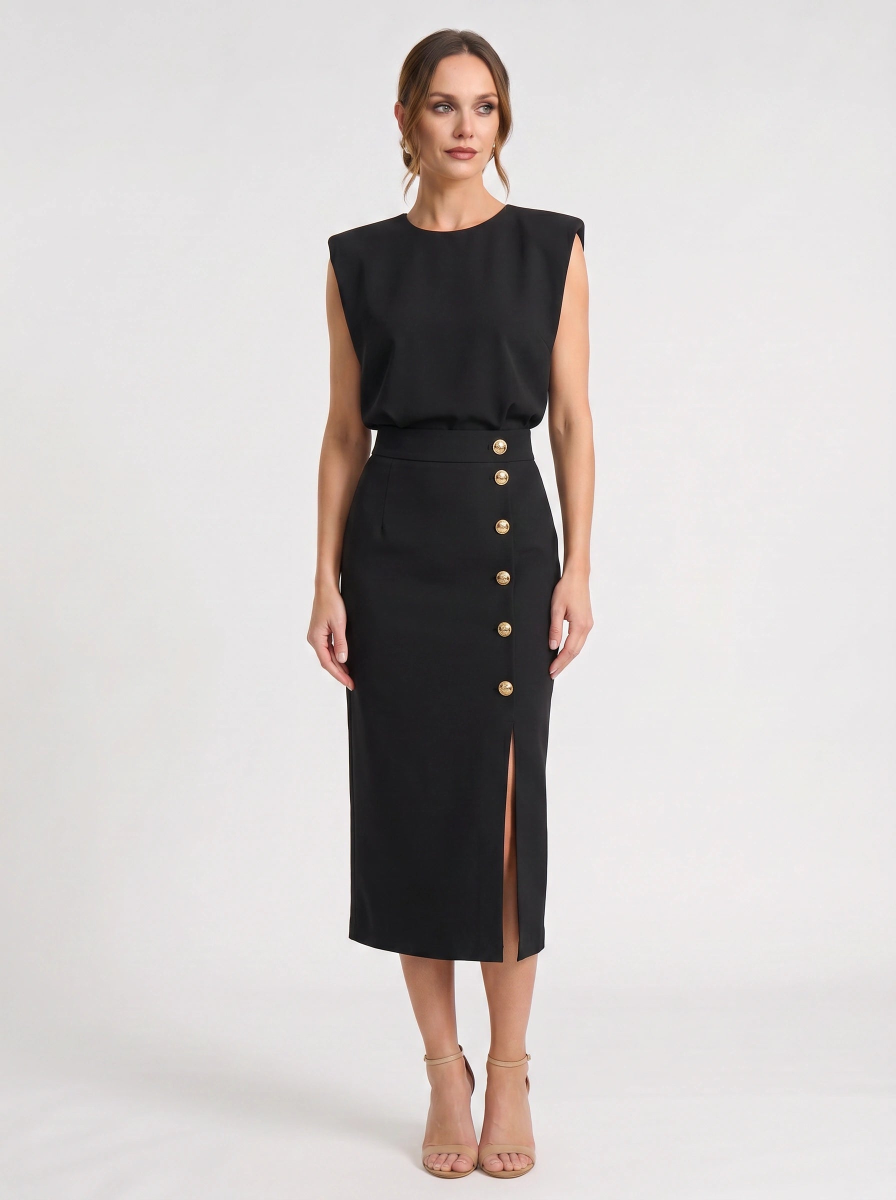 Blusene Shoulder Pad Midi Dress – Formal Dresses Women Wedding Guest Office Elegant Business Midi Dress