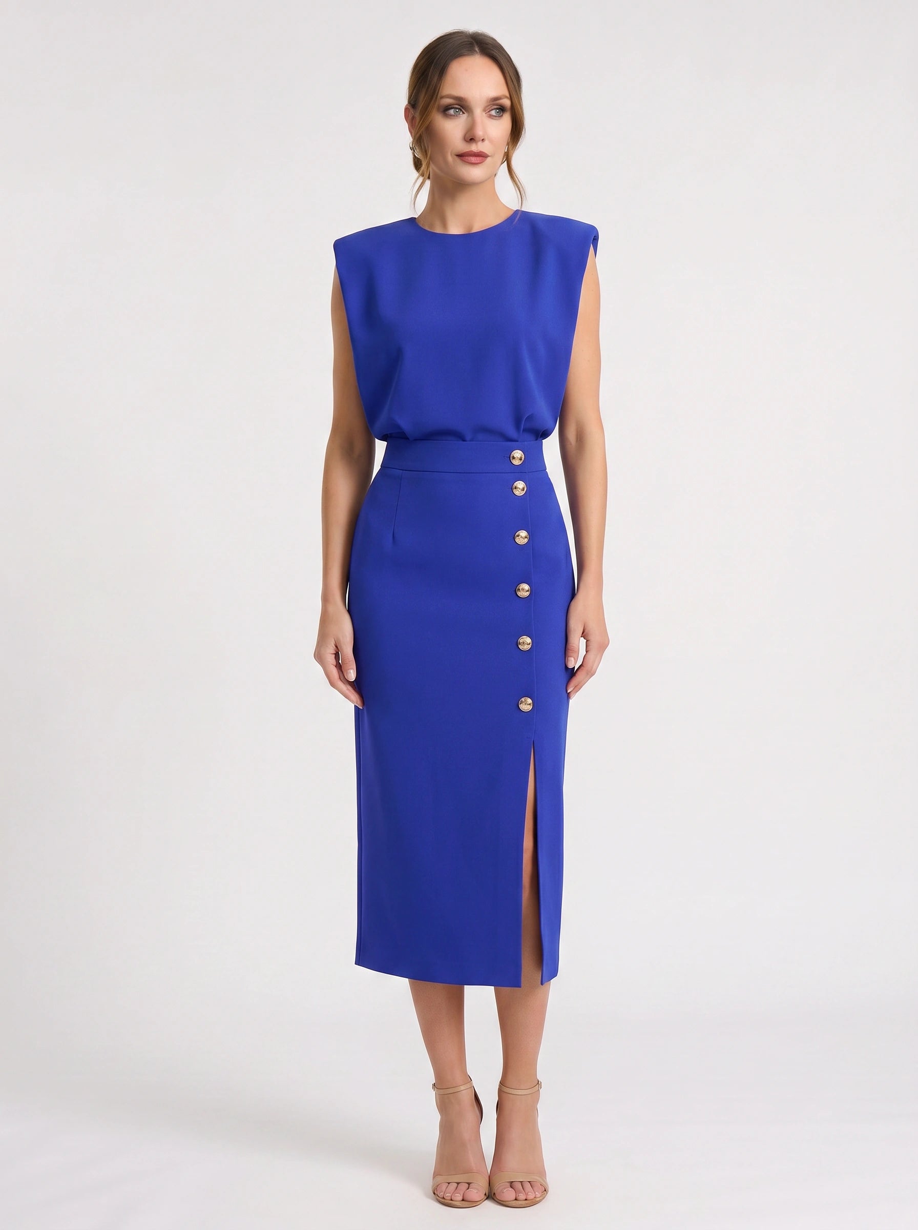 Blusene Shoulder Pad Midi Dress – Formal Dresses Women Wedding Guest Office Elegant Business Midi Dress