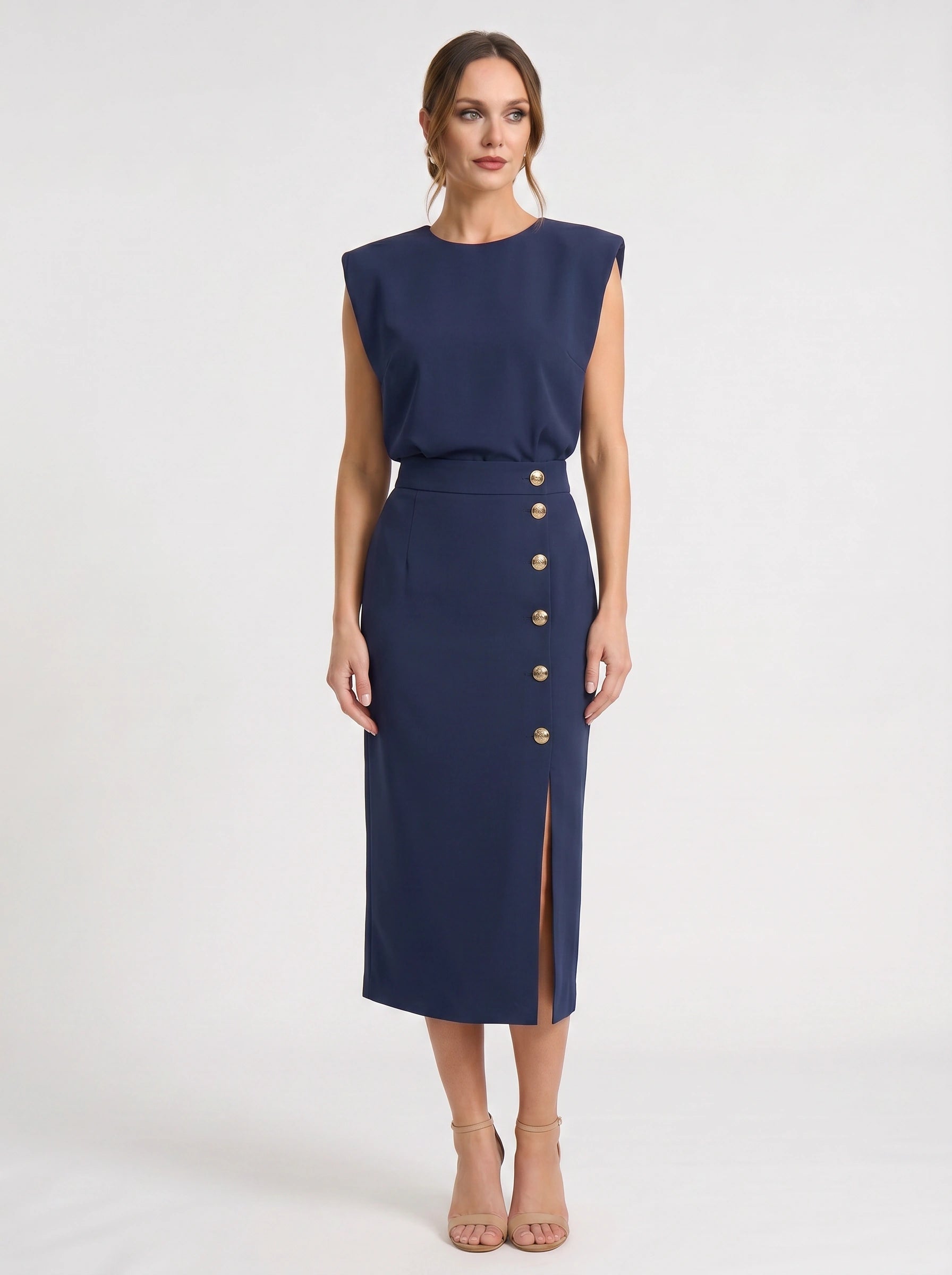 Blusene Shoulder Pad Midi Dress – Formal Dresses Women Wedding Guest Office Elegant Business Midi Dress