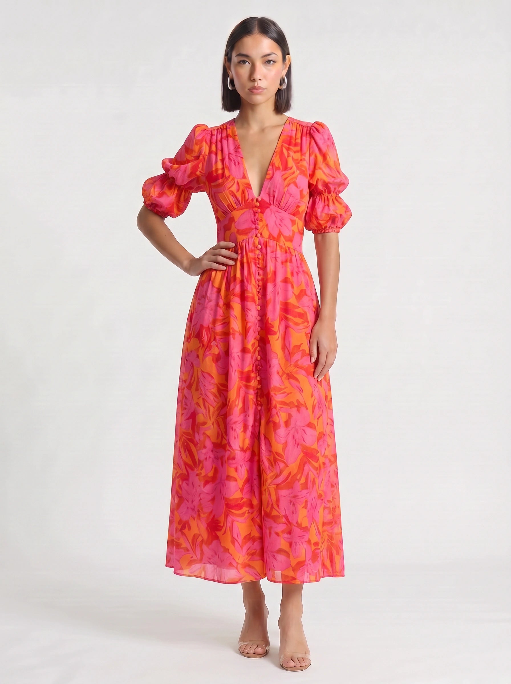 Floriva Button Front Puff Sleeve Midi Dress – Floral Print Plunge Neck Women Summer Wedding Guest Vacation Midi Dress