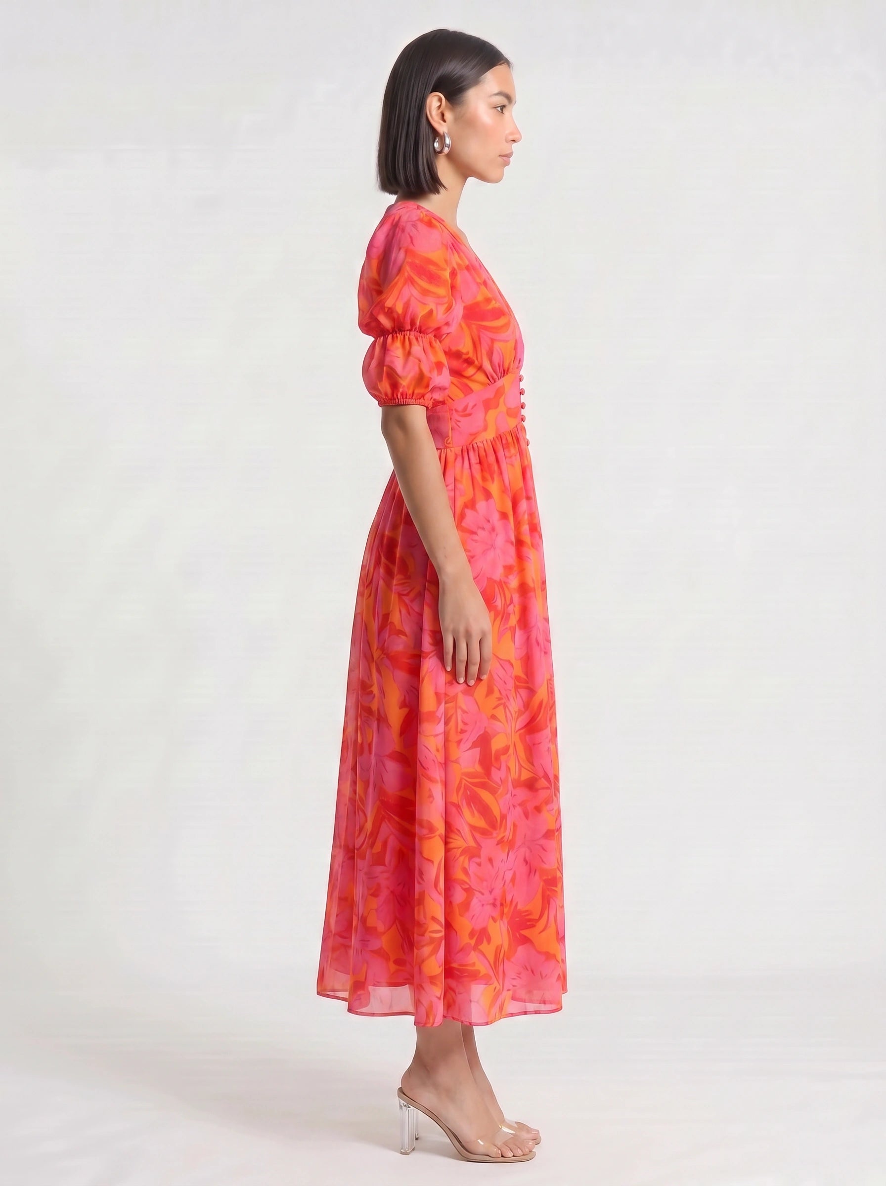 Floriva Button Front Puff Sleeve Midi Dress – Floral Print Plunge Neck Women Summer Wedding Guest Vacation Midi Dress