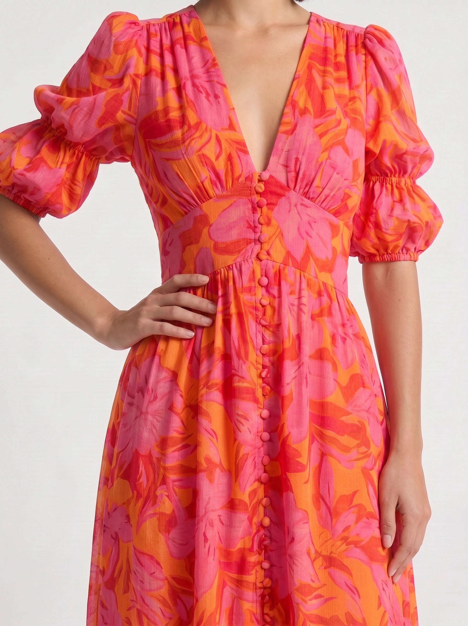 Floriva Button Front Puff Sleeve Midi Dress – Floral Print Plunge Neck Women Summer Wedding Guest Vacation Midi Dress