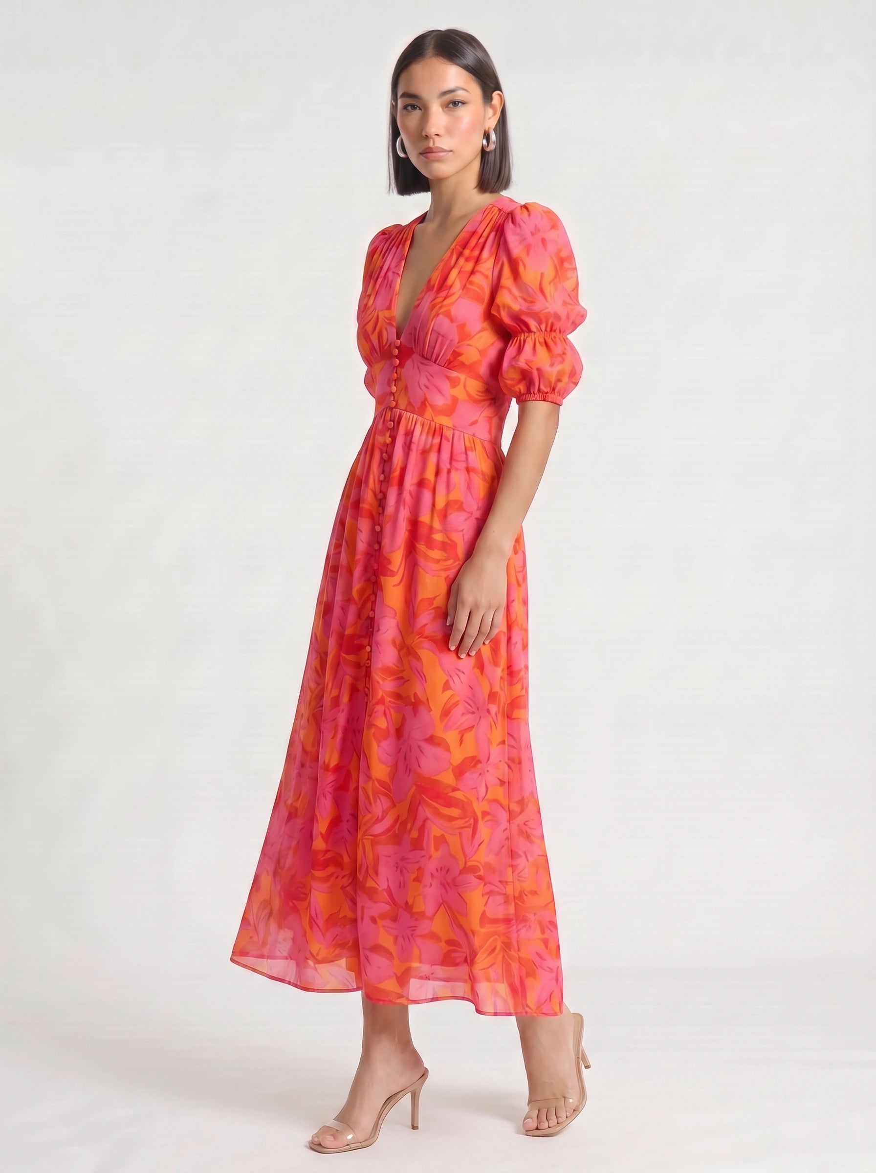 Floriva Button Front Puff Sleeve Midi Dress – Floral Print Plunge Neck Women Summer Wedding Guest Vacation Midi Dress