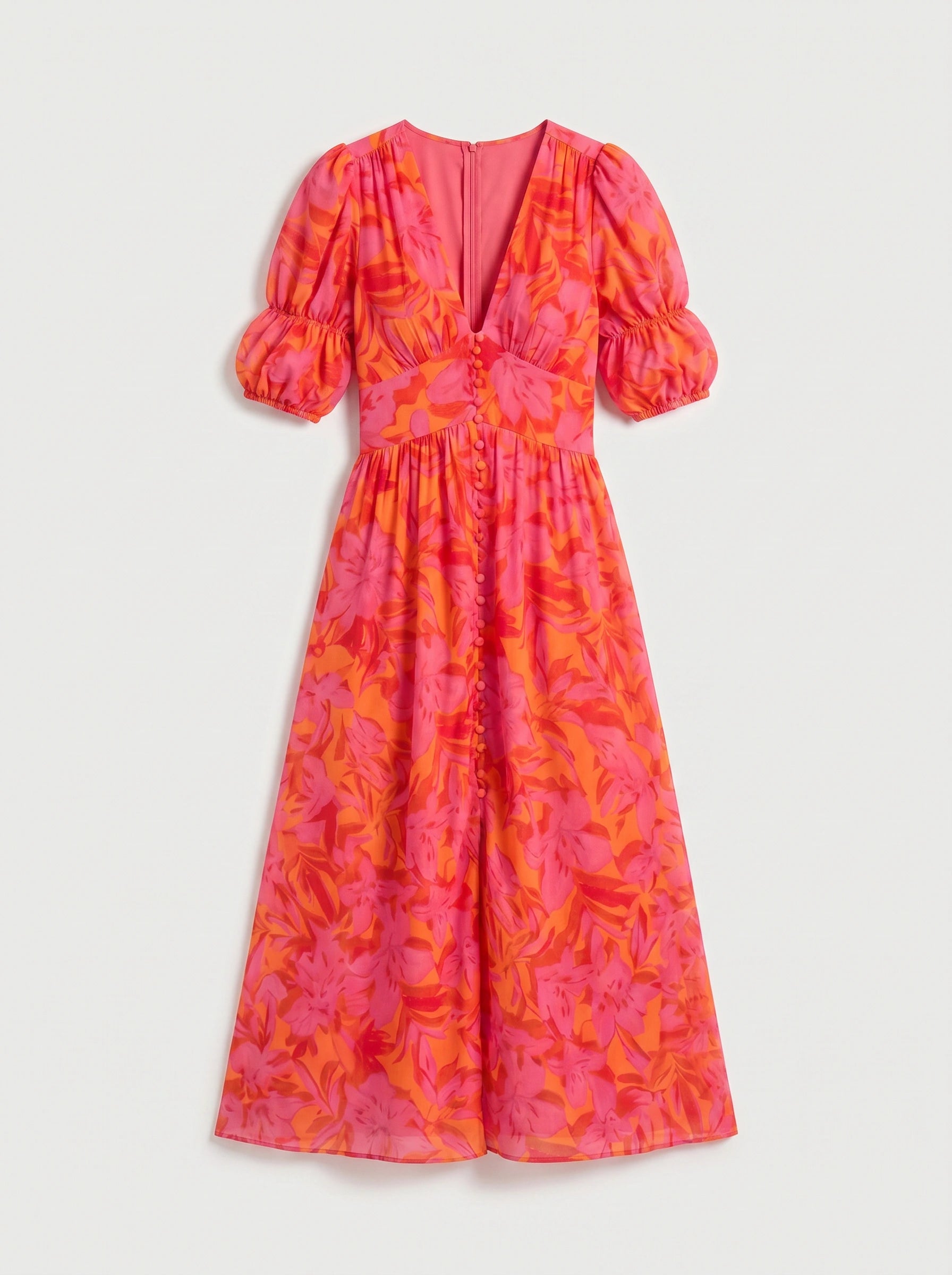 Floriva Button Front Puff Sleeve Midi Dress – Floral Print Plunge Neck Women Summer Wedding Guest Vacation Midi Dress