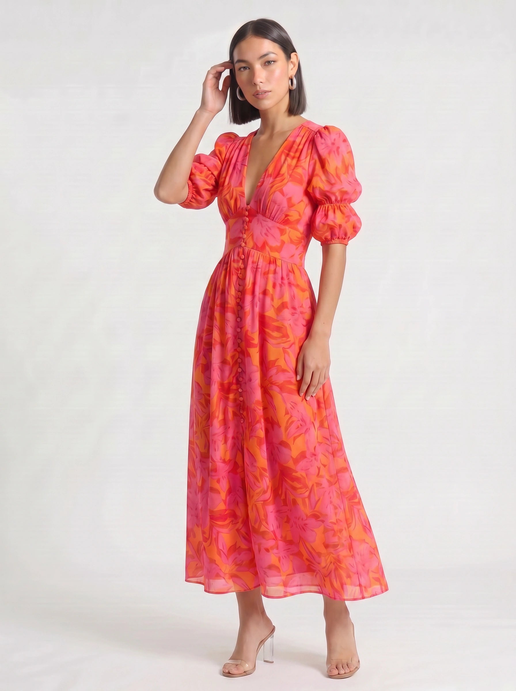 Floriva Button Front Puff Sleeve Midi Dress – Floral Print Plunge Neck Women Summer Wedding Guest Vacation Midi Dress